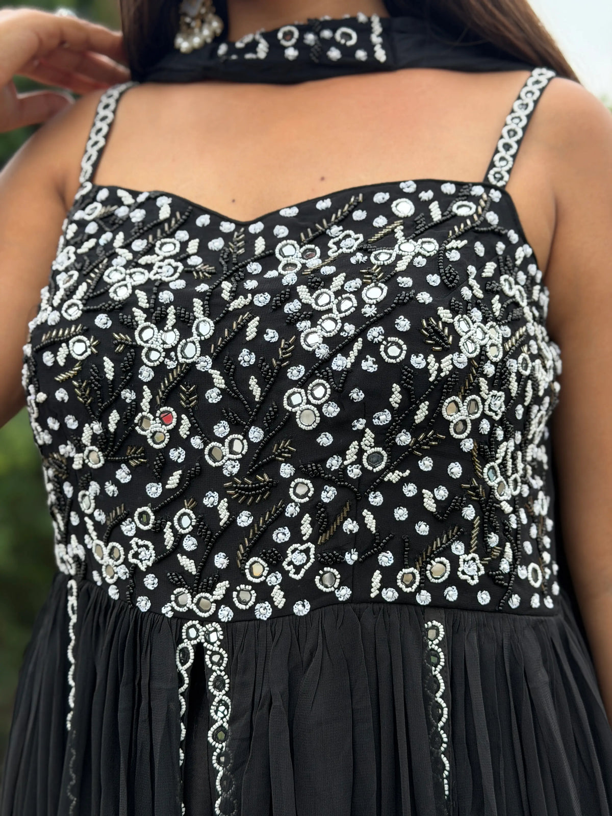 Handcrafted Mirror Work and Cutdana Embroidery Details on Black Dress Bodice