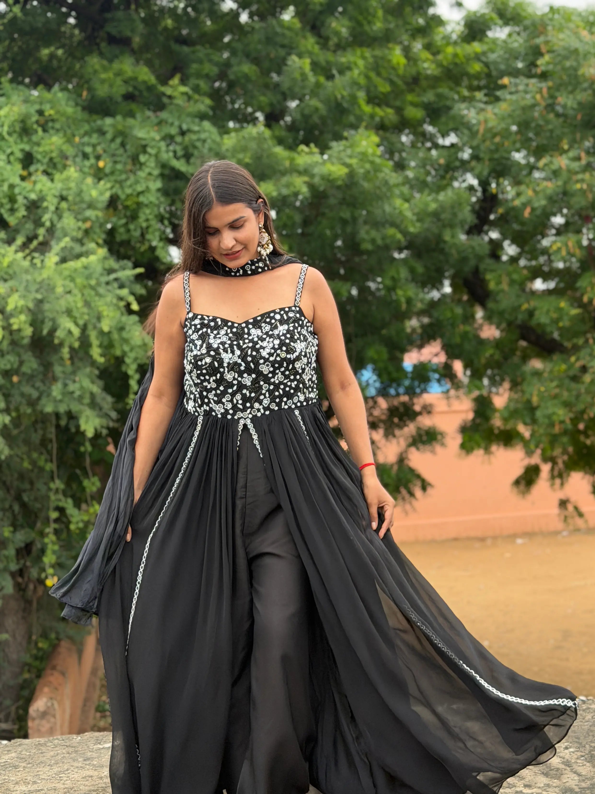 Handcrafted Mirror Work and Cutdana Embroidery Details on Black Dress Bodice