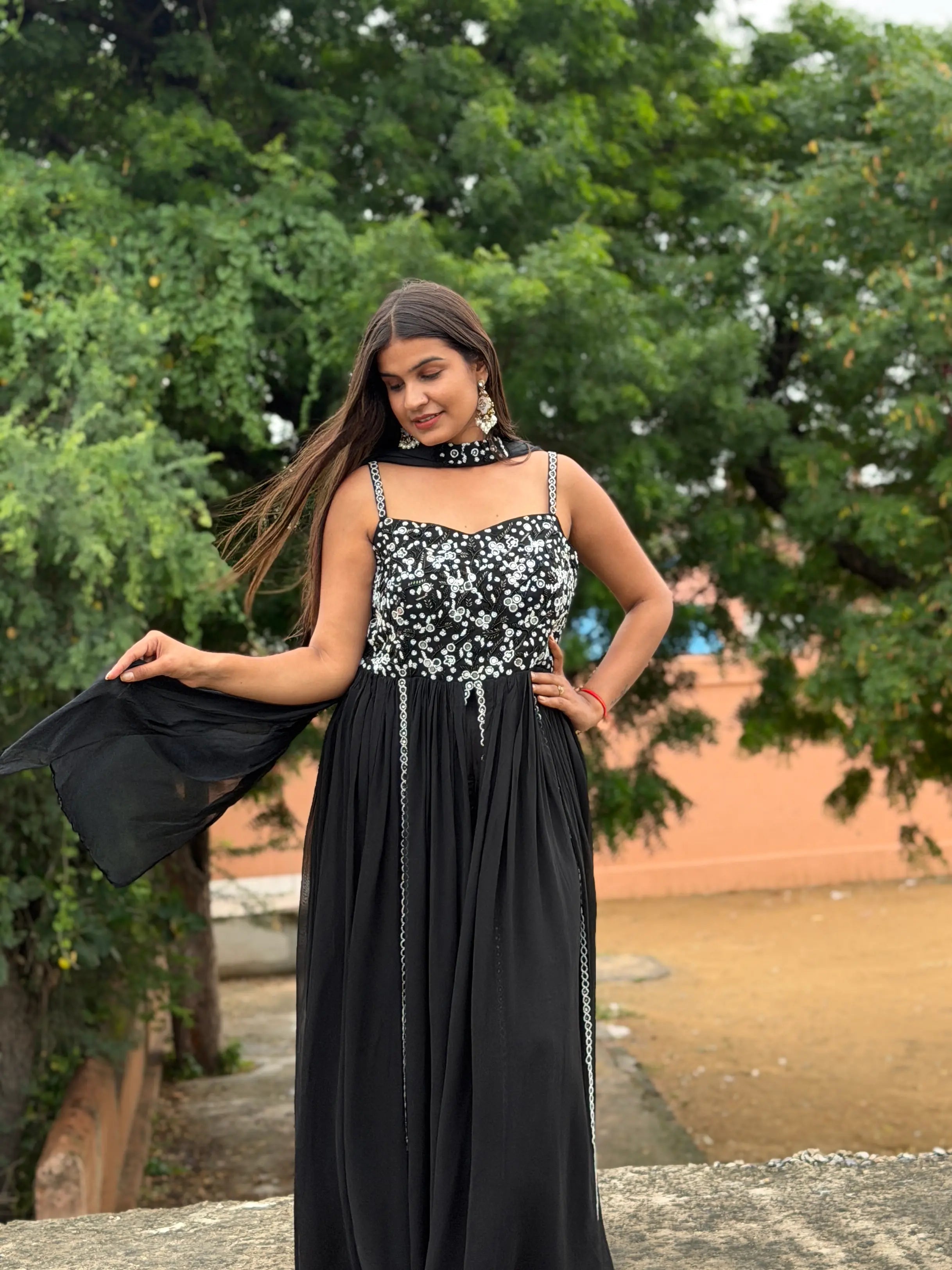 Black Georgette Indo Western Set with Mirror Work and Front Slit