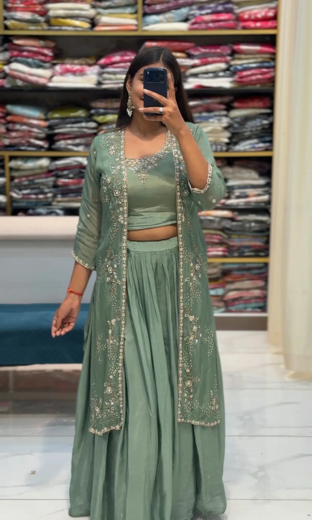 Sage Green Pure Chinon 3 Piece Indo Western Set with Long Shrug