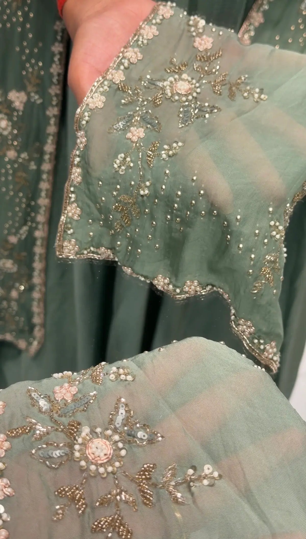 Handcrafted Pearl and Cutdana Floral Embroidery Detail on Chinon Shrug