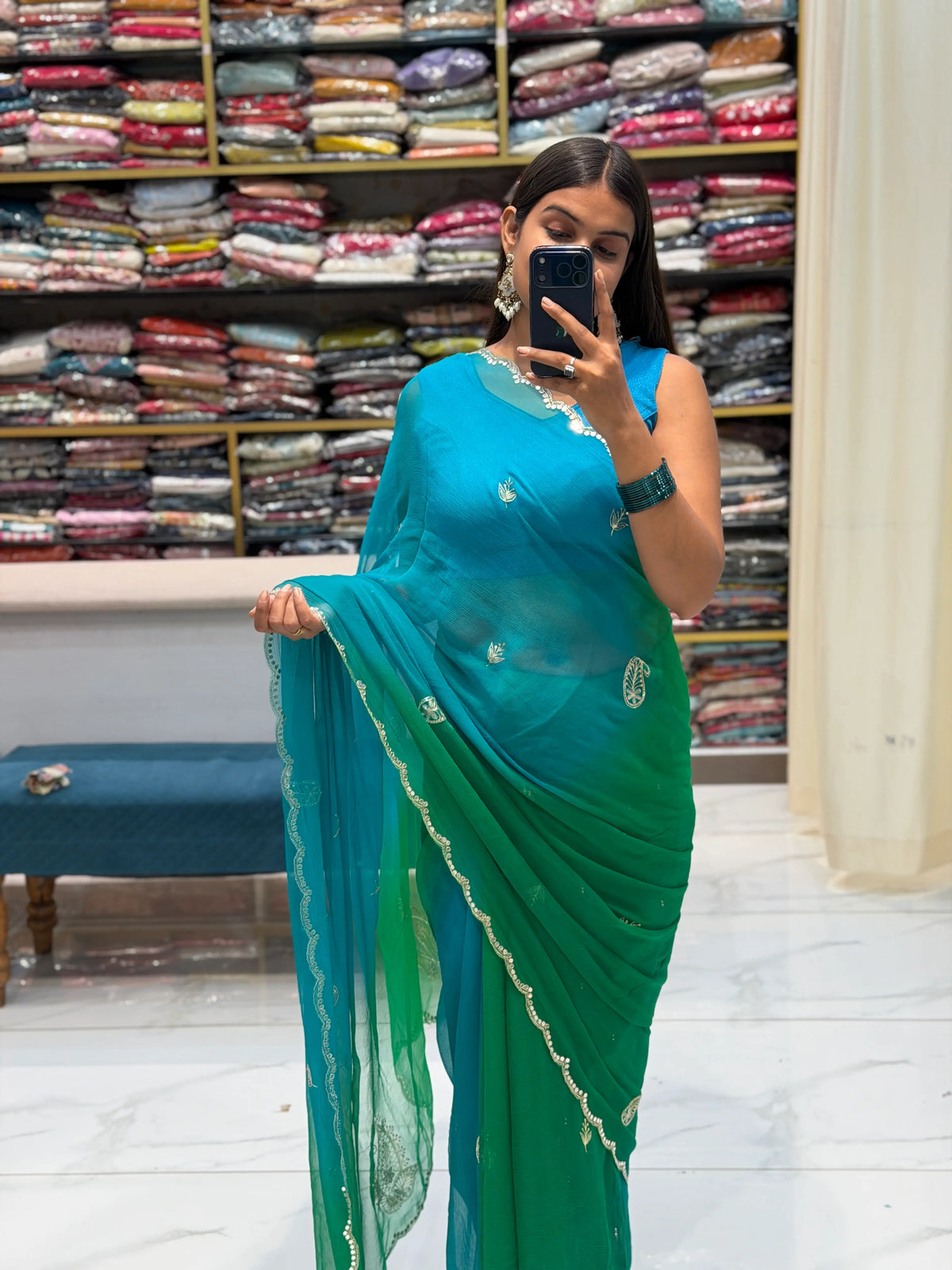 Pure Chiffon Dual Shade Saree in Peacock Blue and Emerald Green with Mirror Work