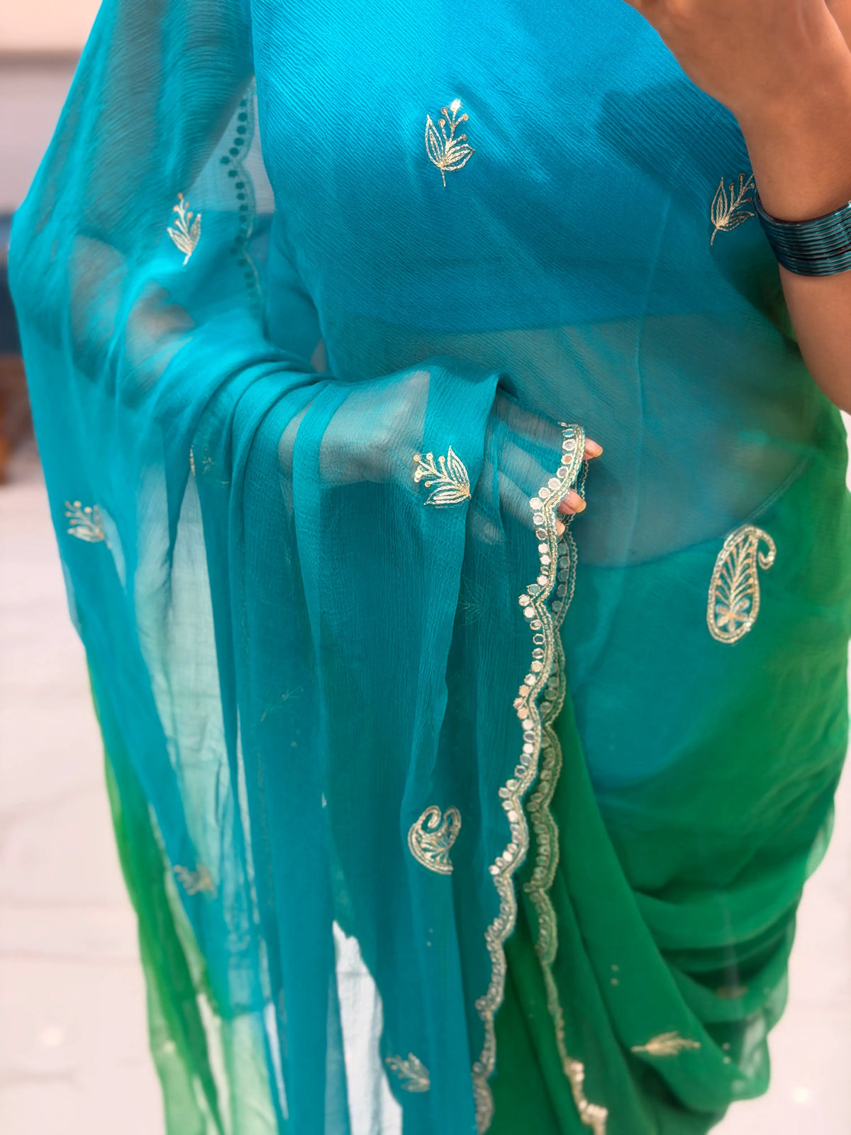 Handmade Cutdana and Mirror Work Scallop Border Details on Chiffon Saree
