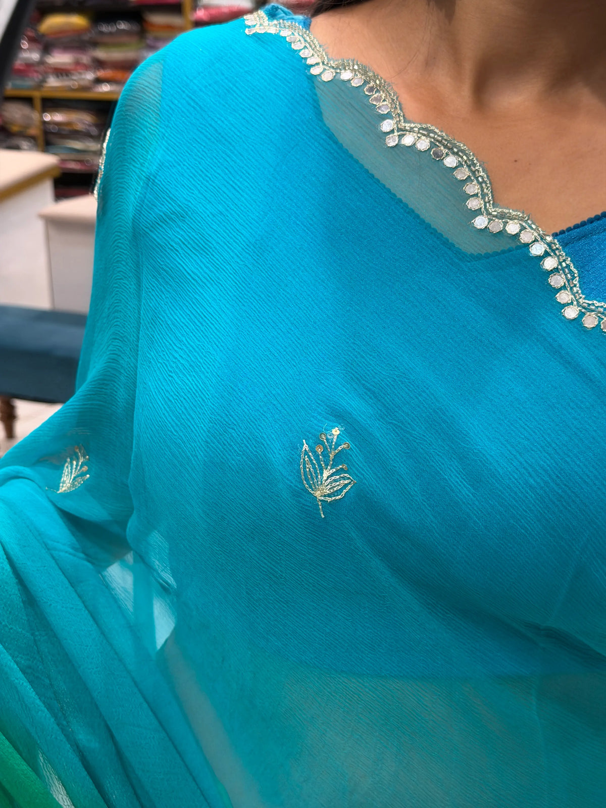 Handmade Cutdana and Mirror Work Scallop Border Details on Chiffon Saree