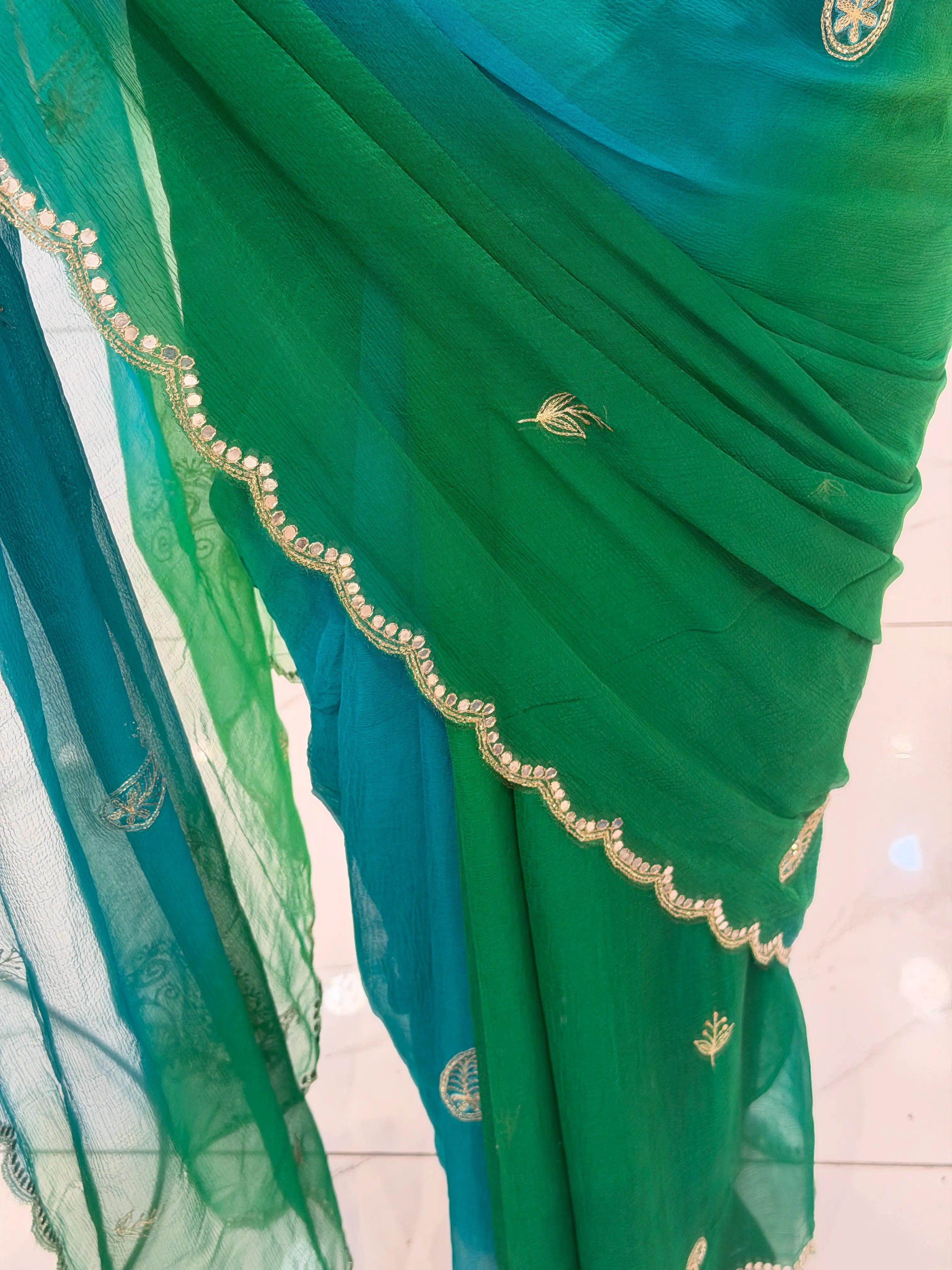 Handmade Cutdana and Mirror Work Scallop Border Details on Chiffon Saree