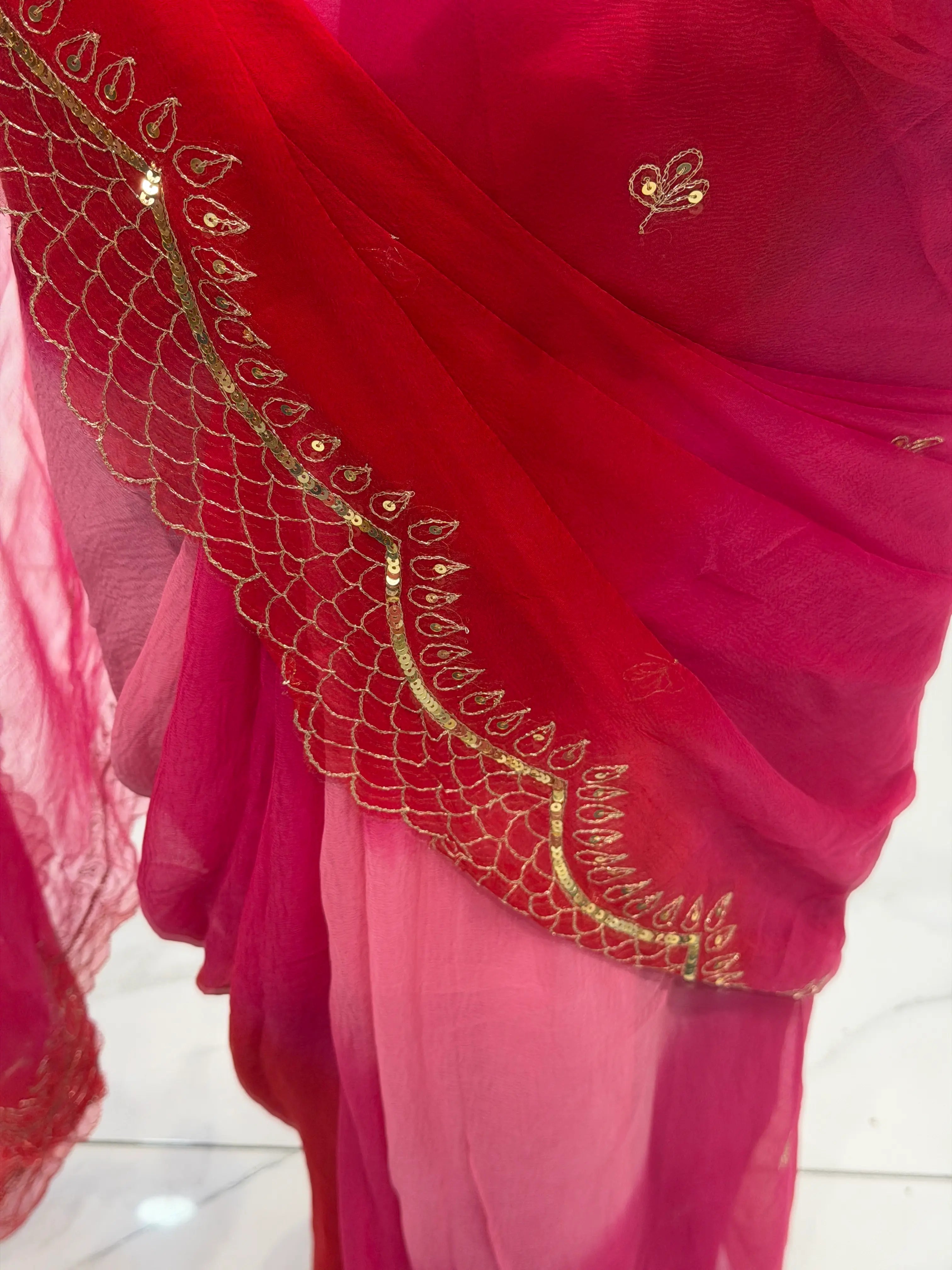 Pure Chiffon Dual Shade Aari Taari & Sequin Work Border Saree with Blouse | Odhani By SRN