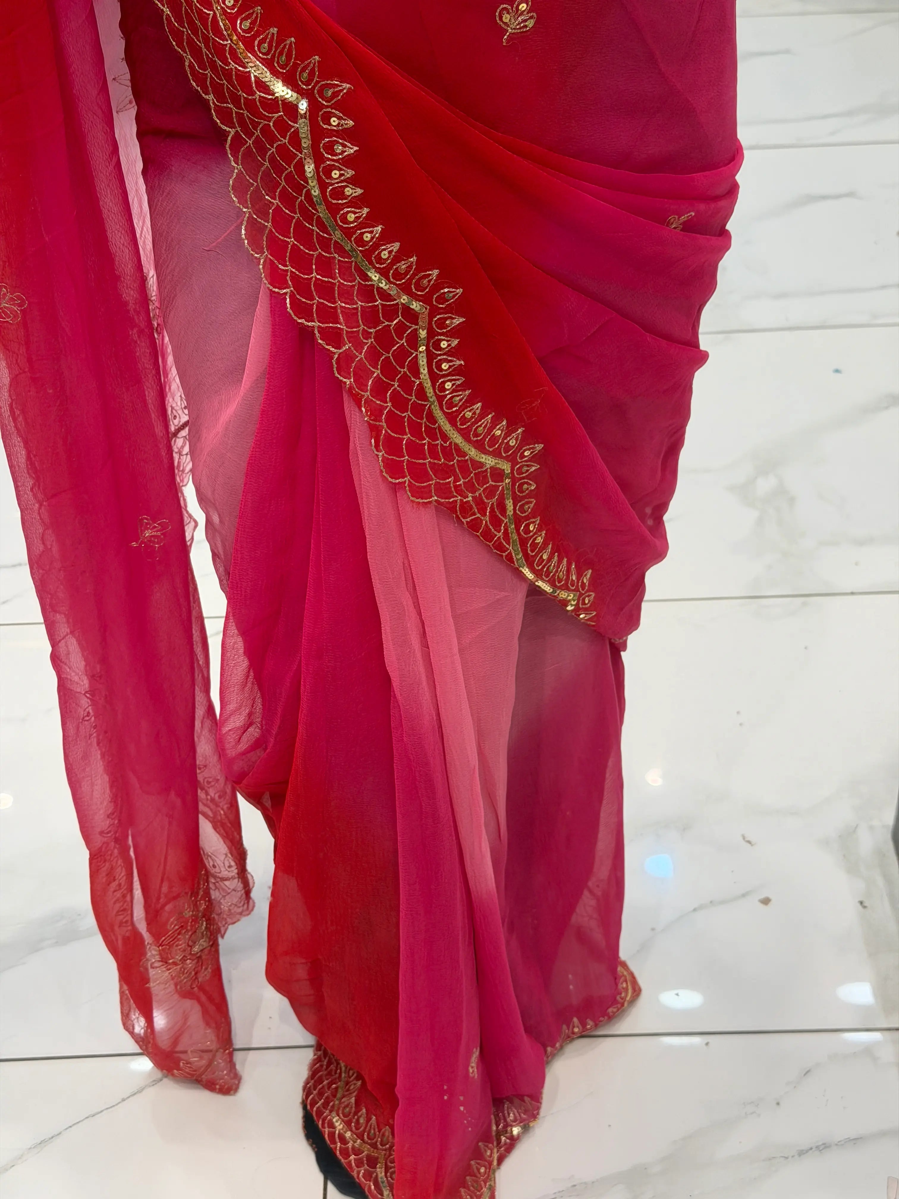 Pure Chiffon Dual Shade Aari Taari & Sequin Work Border Saree with Blouse | Odhani By SRN