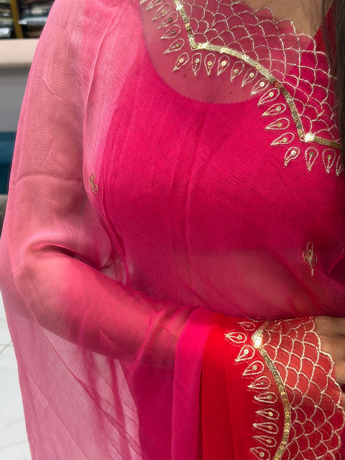 Pure Chiffon Dual Shade Aari Taari & Sequin Work Border Saree with Blouse | Odhani By SRN