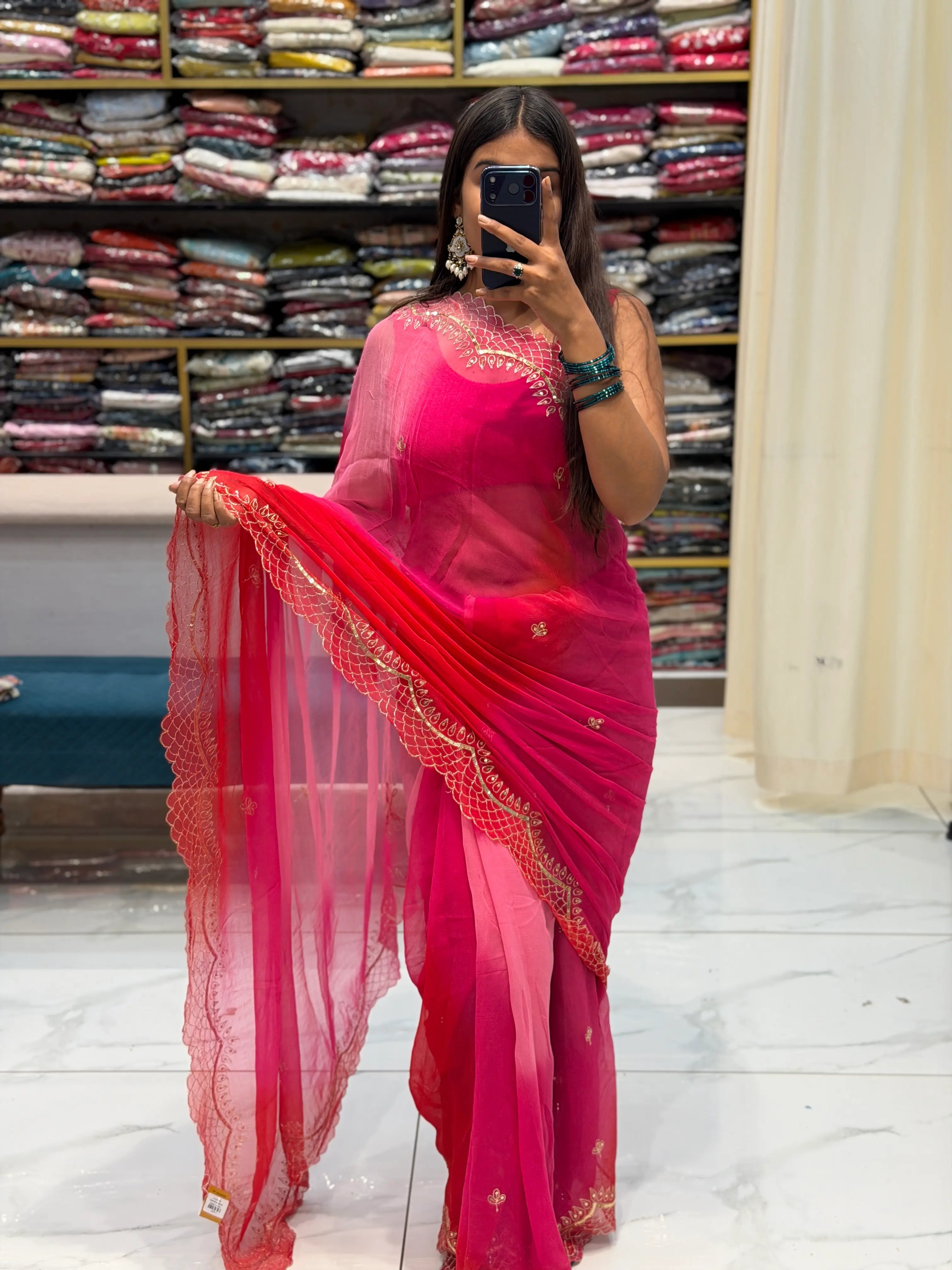 Pure Chiffon Dual Shade Aari Taari & Sequin Work Border Saree with Blouse | Odhani By SRN