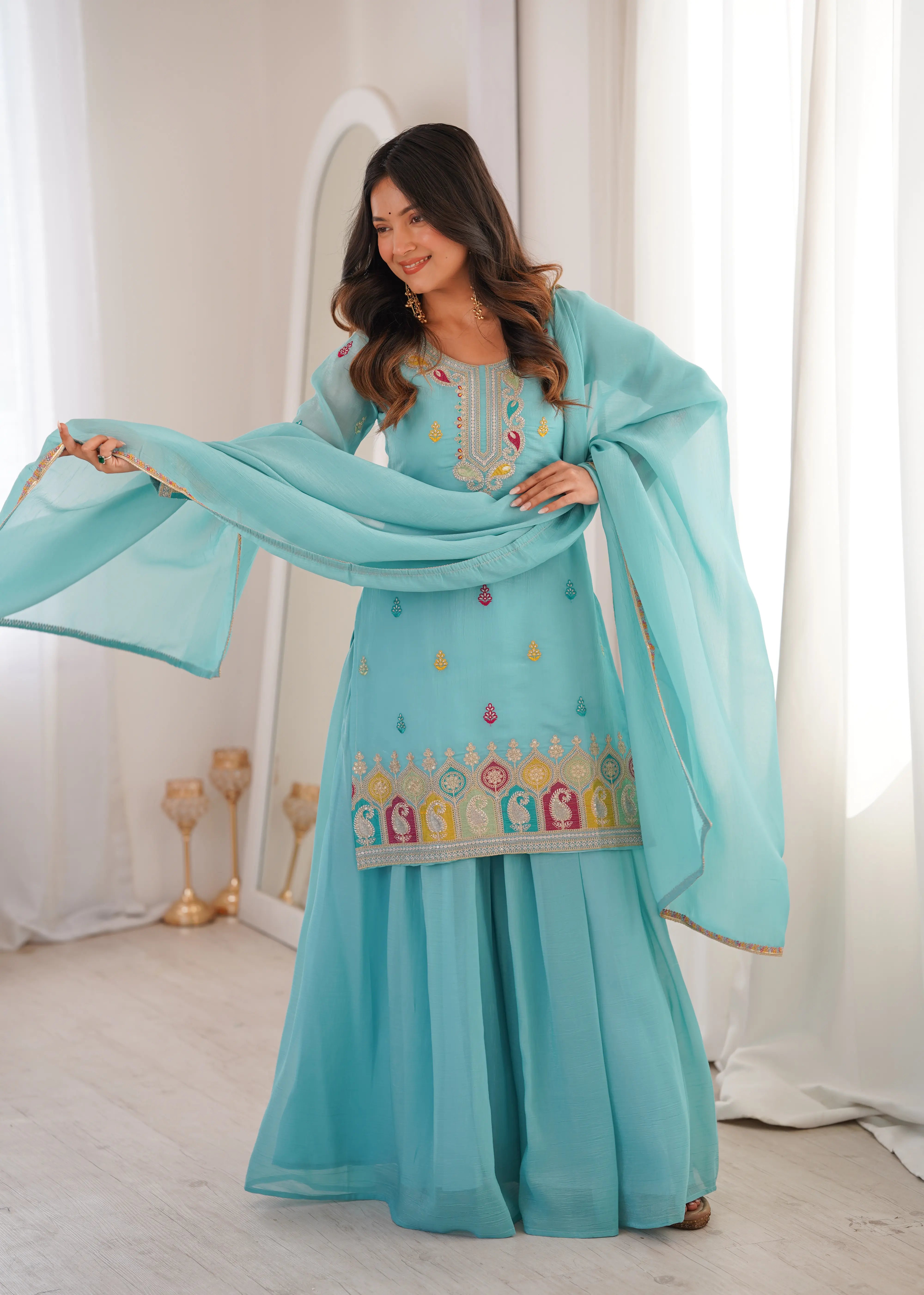 Designer Crunchy Silk Kurta with Sharara & Lace Dupatta Se
