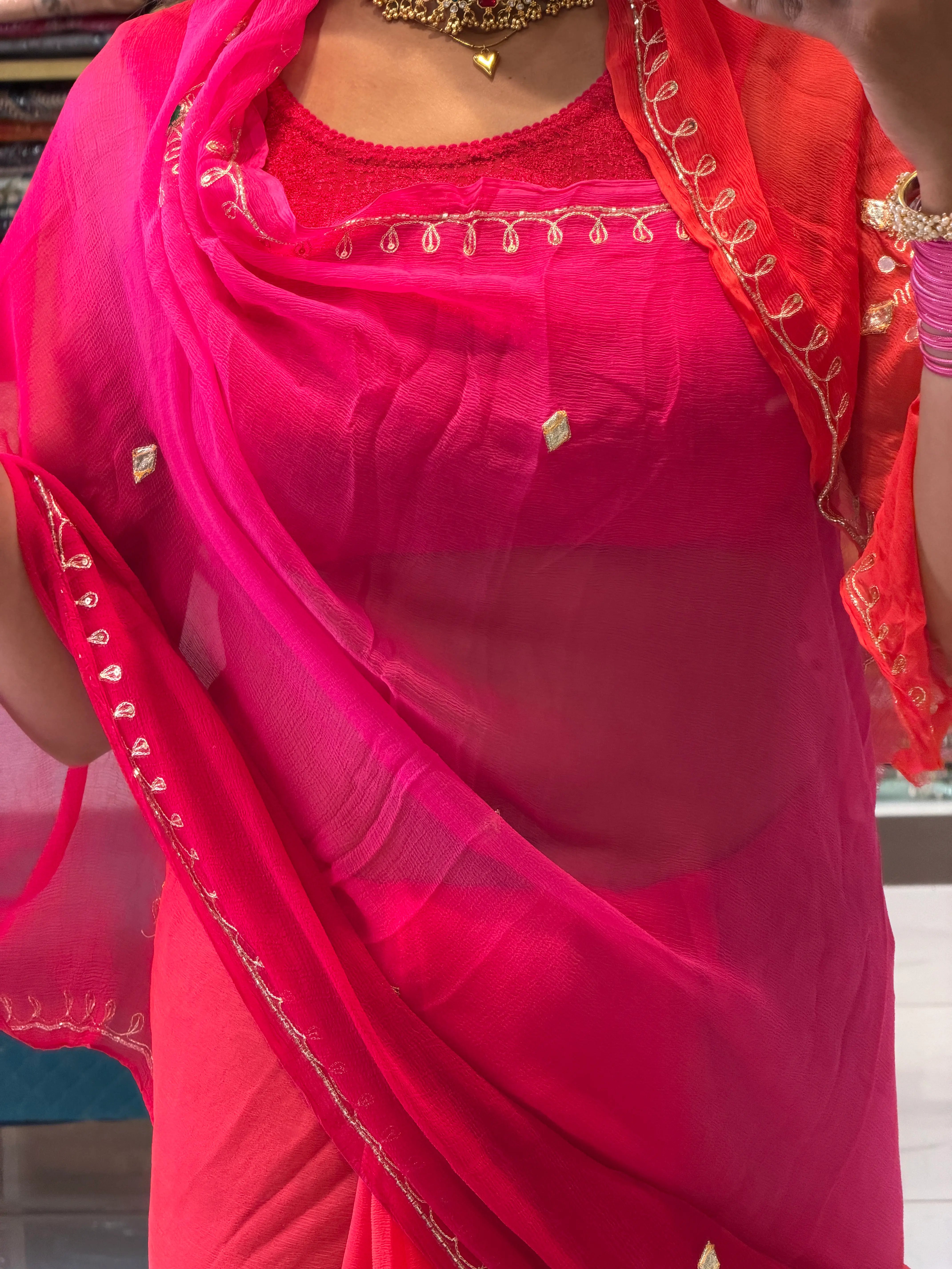 Red Pure Chiffon Saree Pleats with Gota Patti Leaf Pattern Embroidery Odhani by SRN