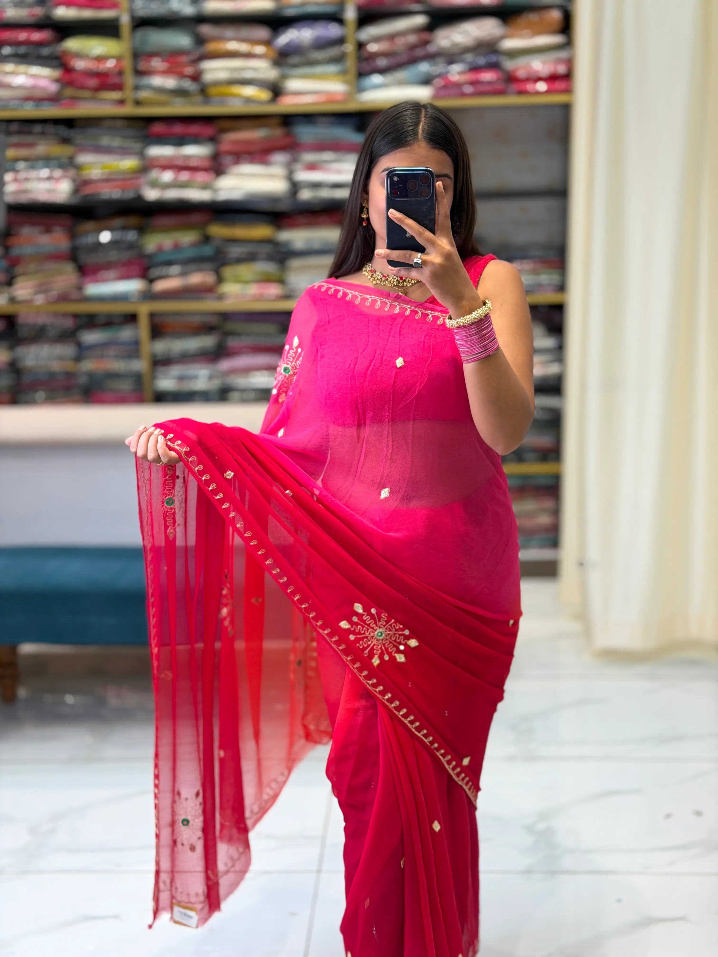 Rani Pink Pure Chiffon Dual Tone Saree Drape with Gota Patti Border by Odhani by SRN