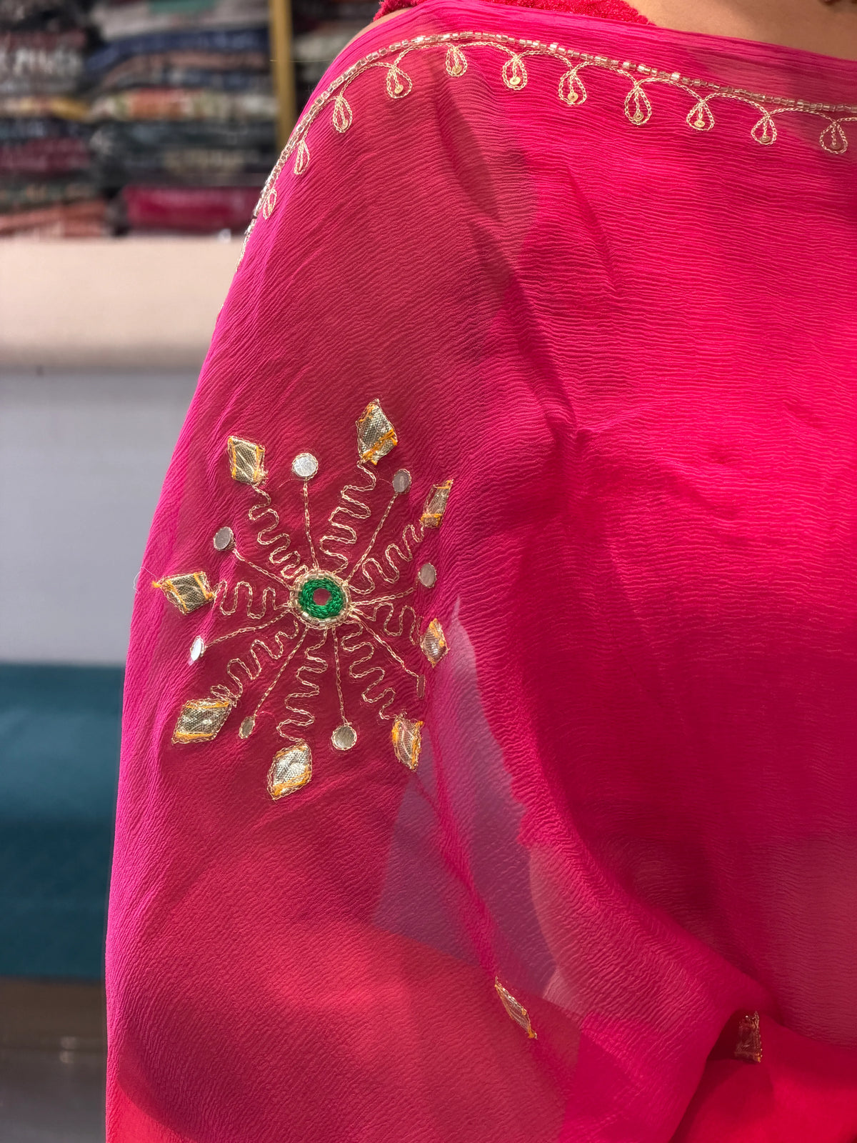Full Length Dual Tone Rani Pink and Red Chiffon Saree with Mirror Work Motifs