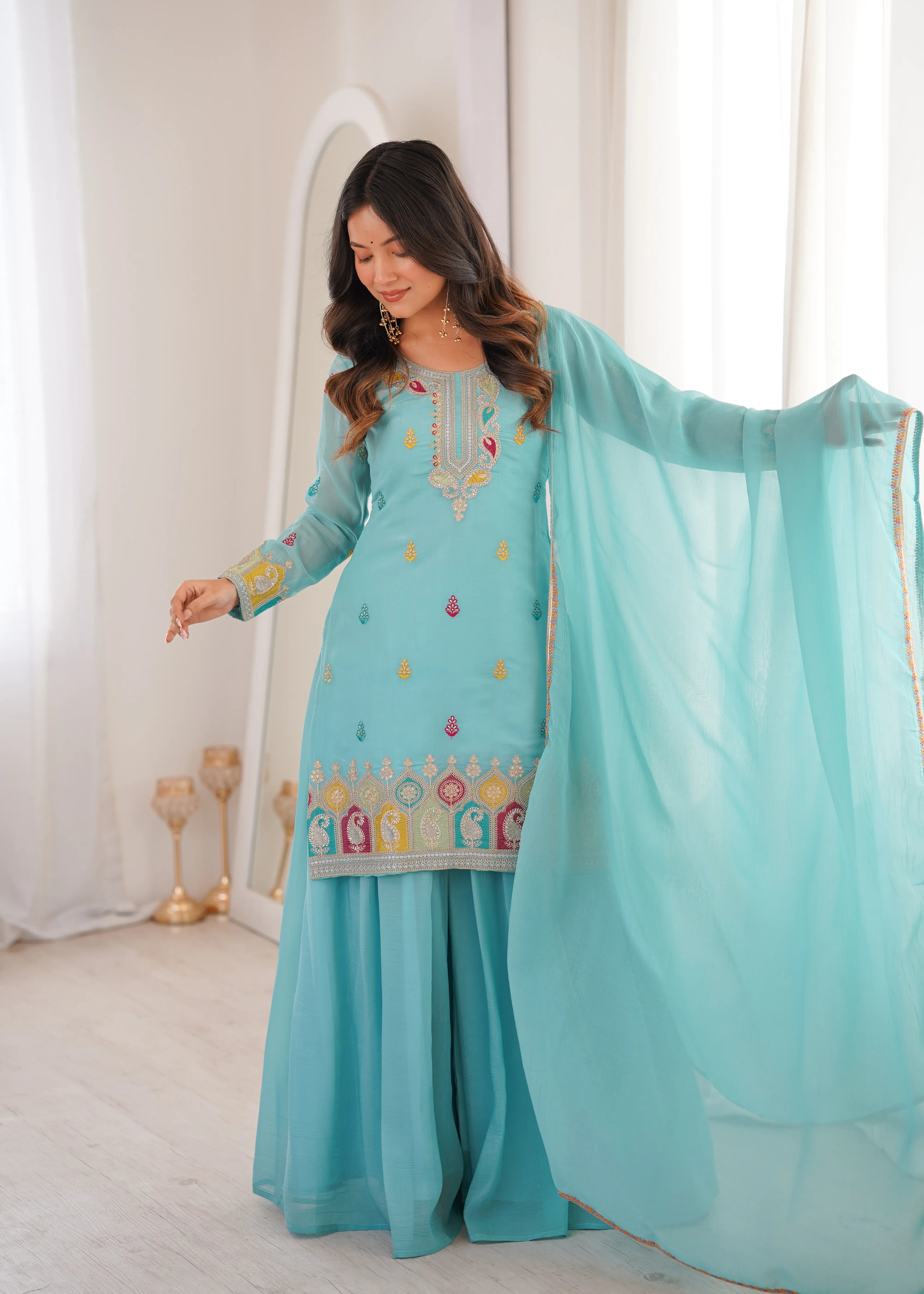 Designer Crunchy Silk Kurta with Sharara & Lace Dupatta Se