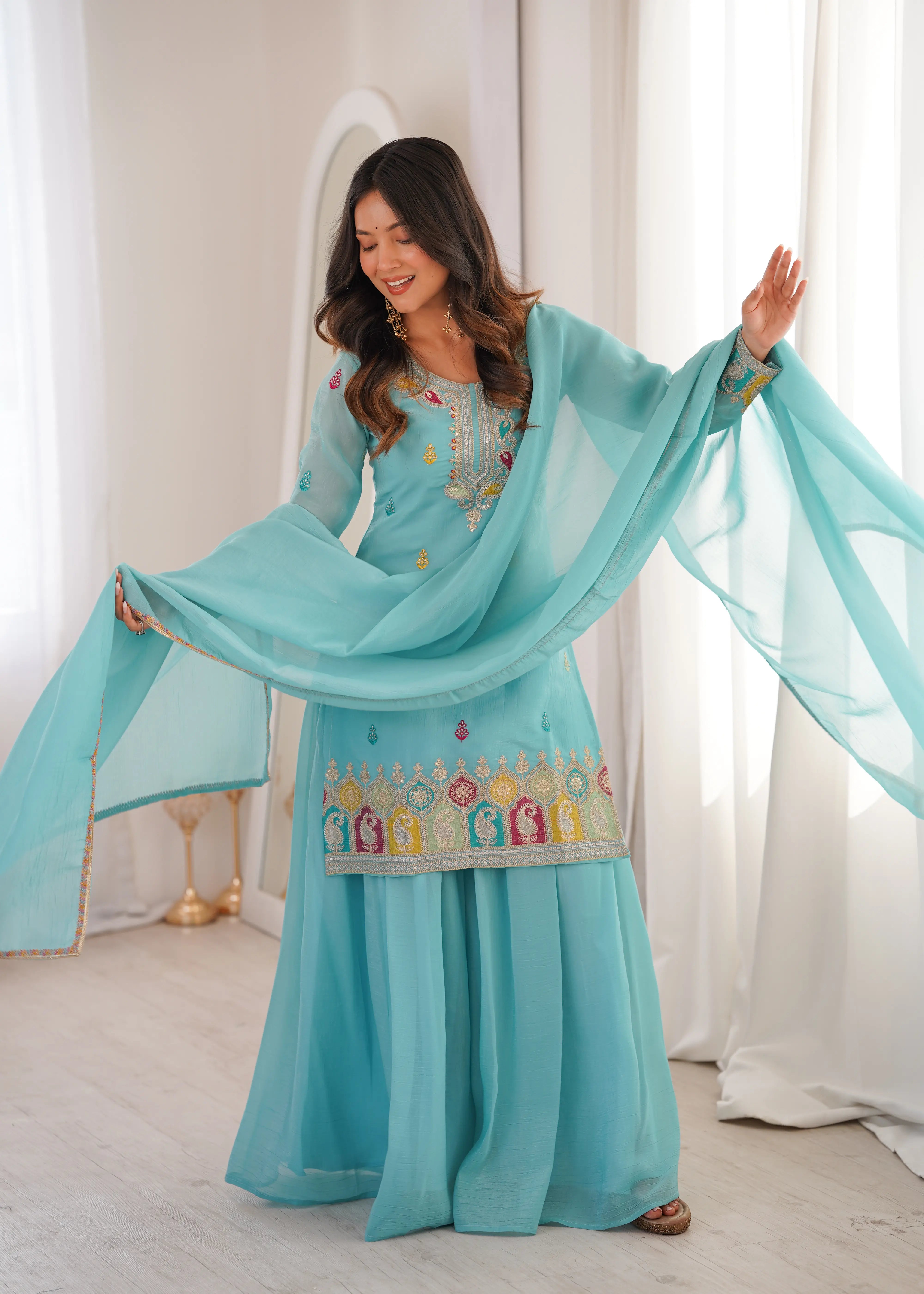 Designer Crunchy Silk Kurta with Sharara & Lace Dupatta Se