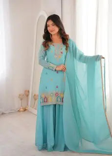 Designer Crunchy Silk Kurta with Sharara & Lace Dupatta Se