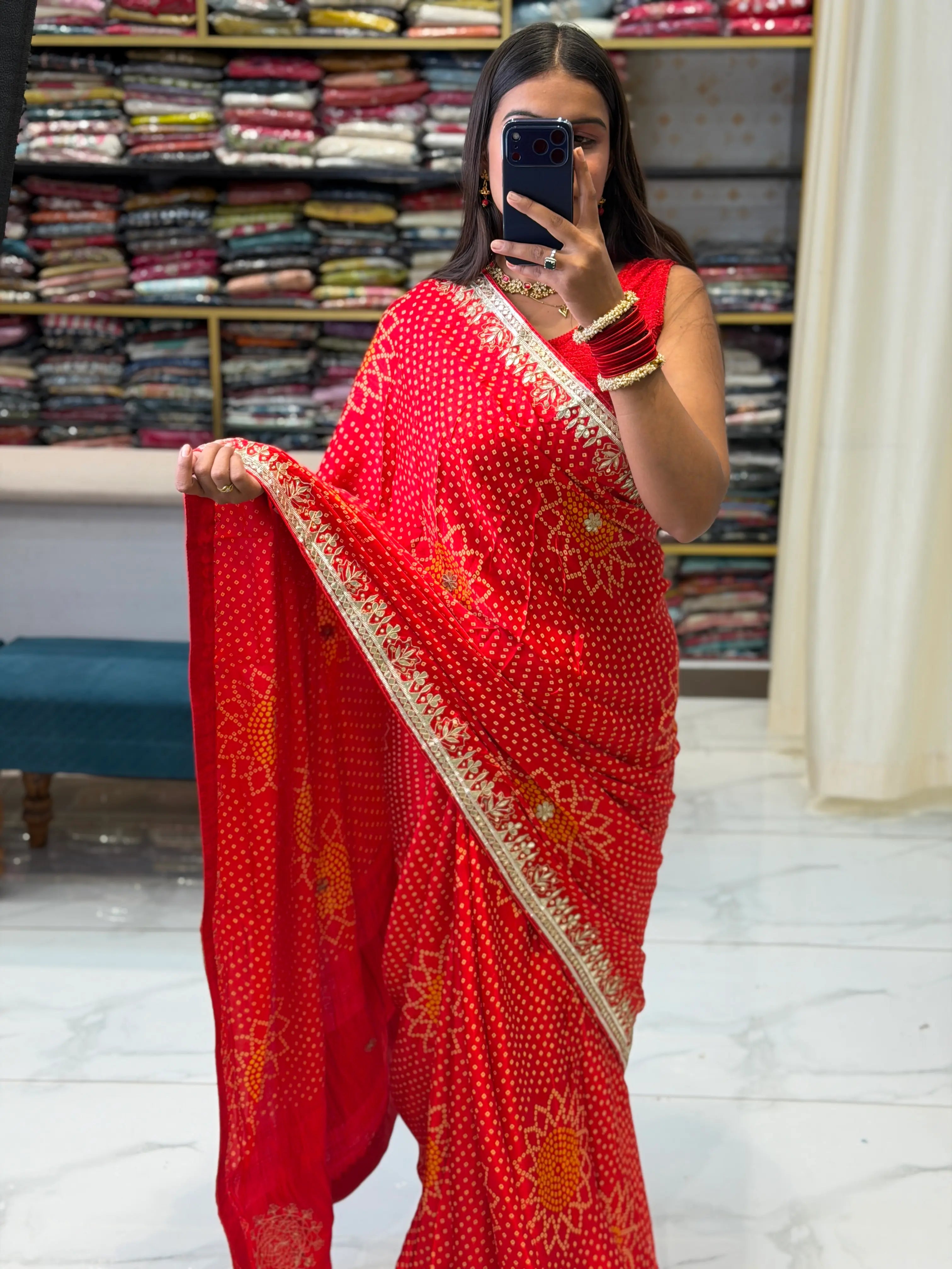 Red Pure Gajji Silk Bandhani Saree with Heavy Gota Patti Border Drape by Odhani by SRN