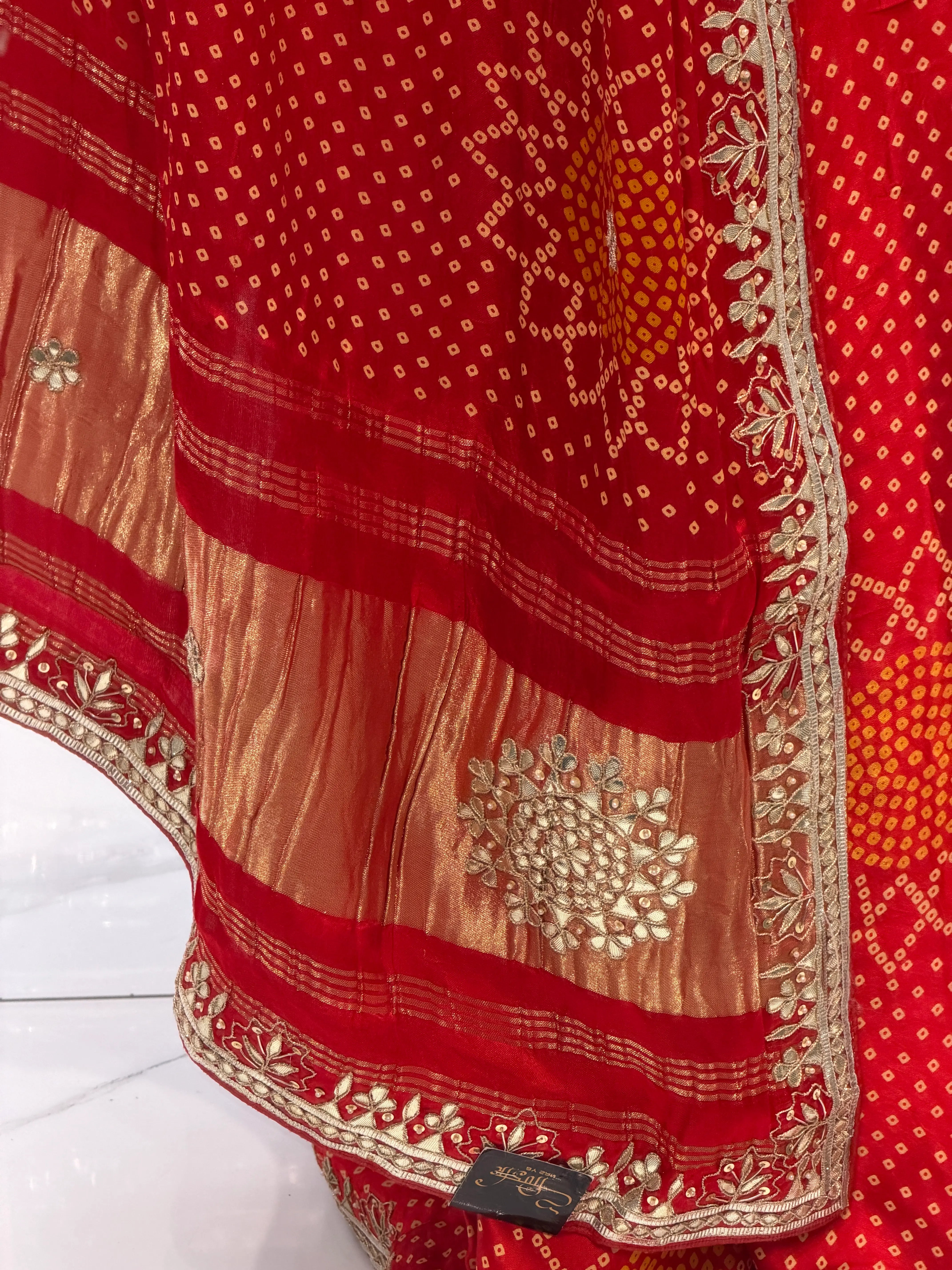 Traditional Red and Yellow Gajji Silk Bandhani Print Texture with Gota Border