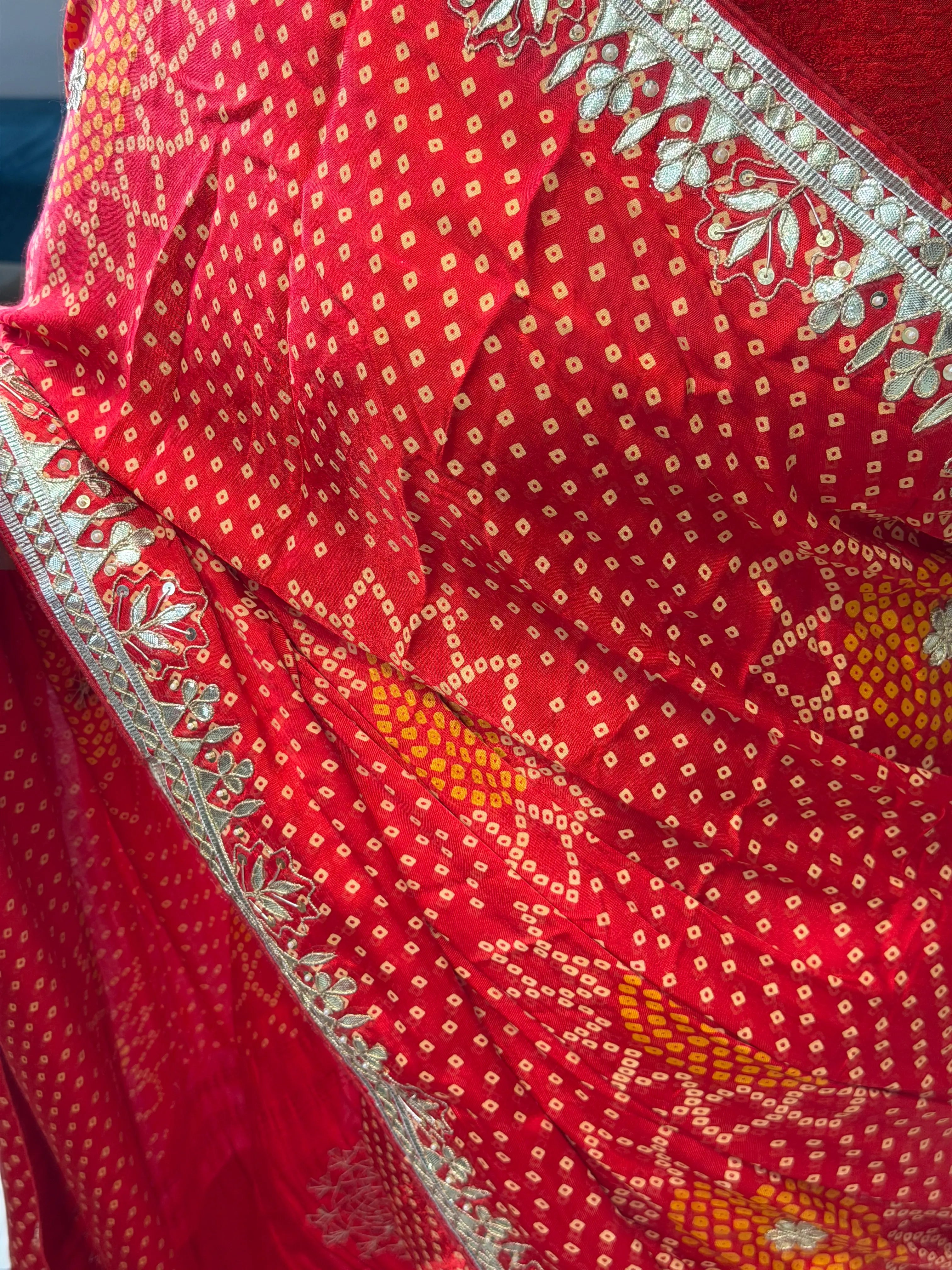 Gajji Silk Bandhani Saree Pallu Details with Gold Zari and Gota Patti Handwork