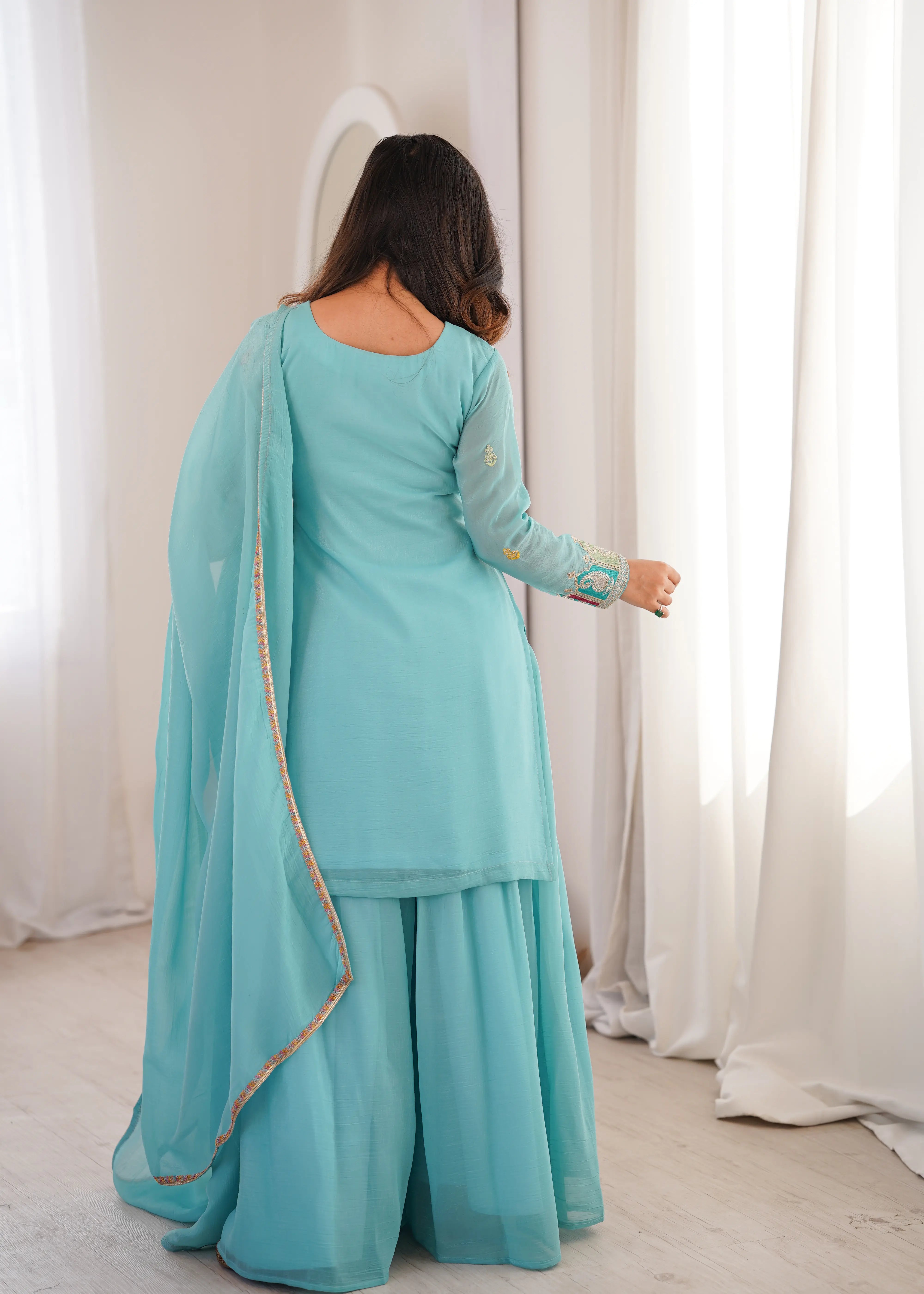 Designer Crunchy Silk Kurta with Sharara & Lace Dupatta Se
