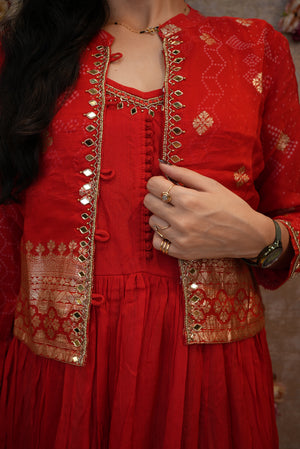 ONE PIECE WITH JACKET SUIT WITH HANDWORK ON PURE CHINON FABRIC AND BANARSI WEAVING ##SP087