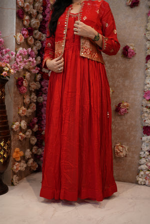 ONE PIECE WITH JACKET SUIT WITH HANDWORK ON PURE CHINON FABRIC AND BANARSI WEAVING ##SP087