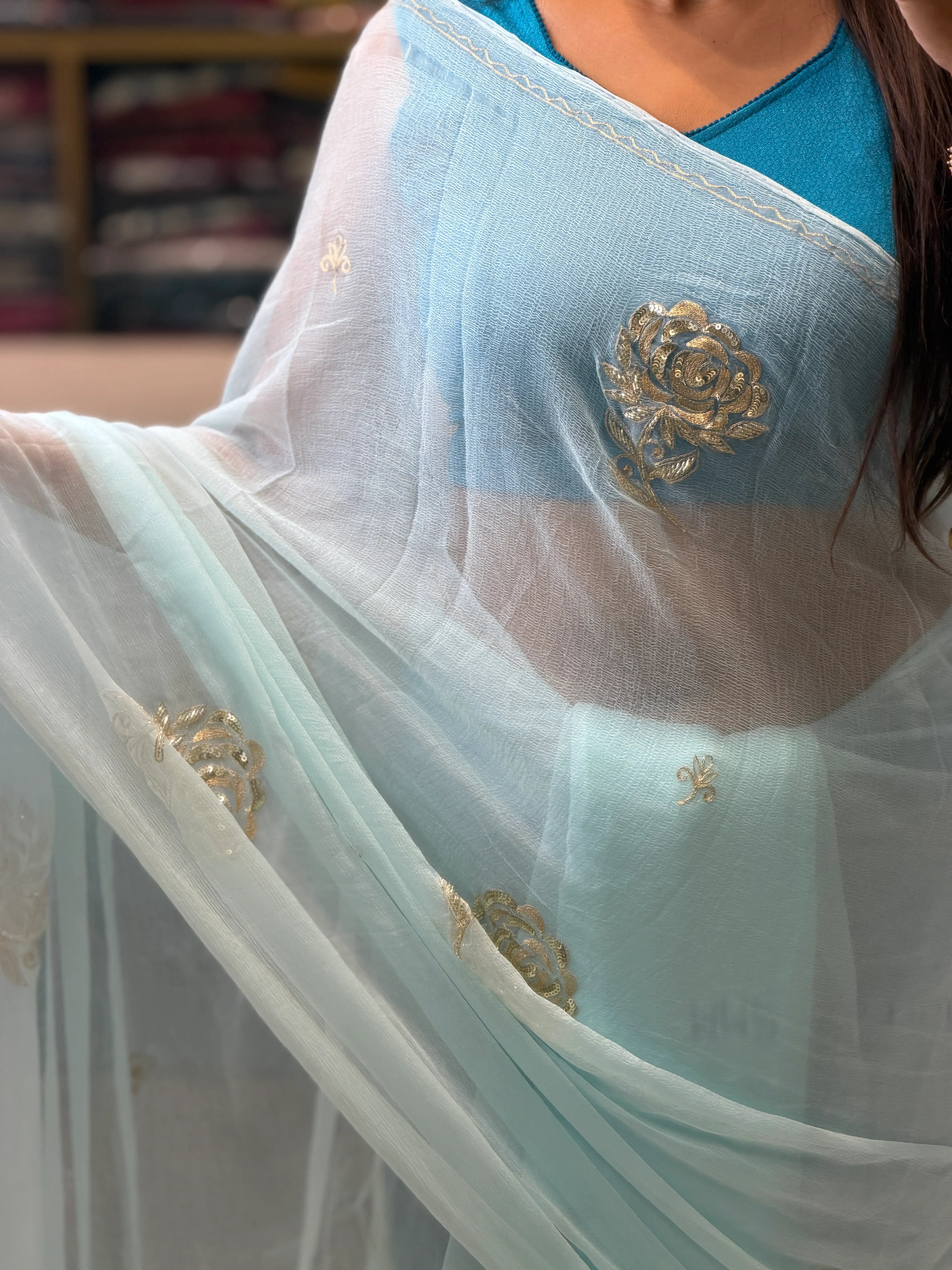 Ice Blue Pure Chiffon Saree with Gold Sequins Pittan Floral Rose Motif Drape Odhani by SRN