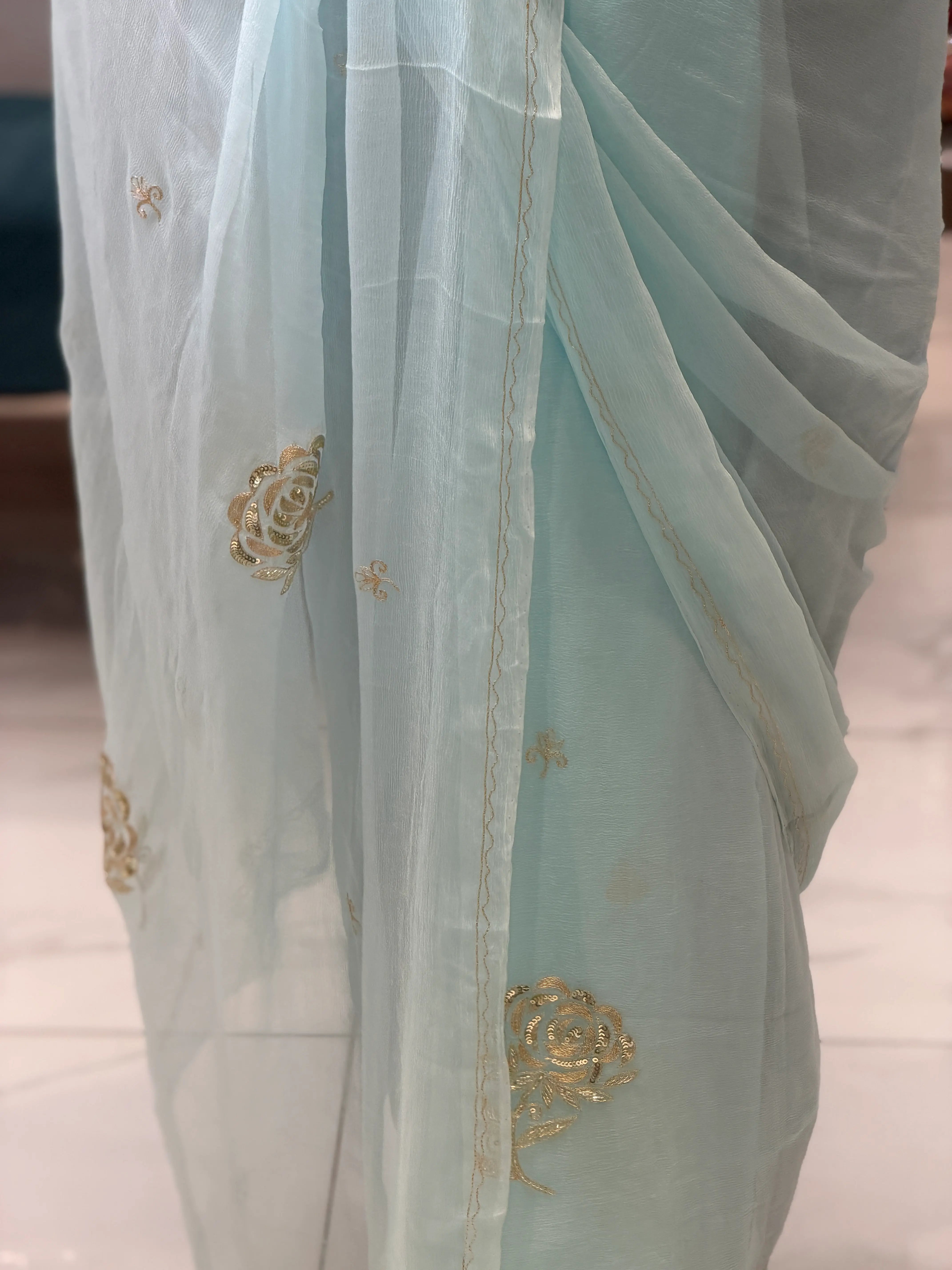 Pleat Details and Scalloped Border of Ice Blue Pure Chiffon Saree