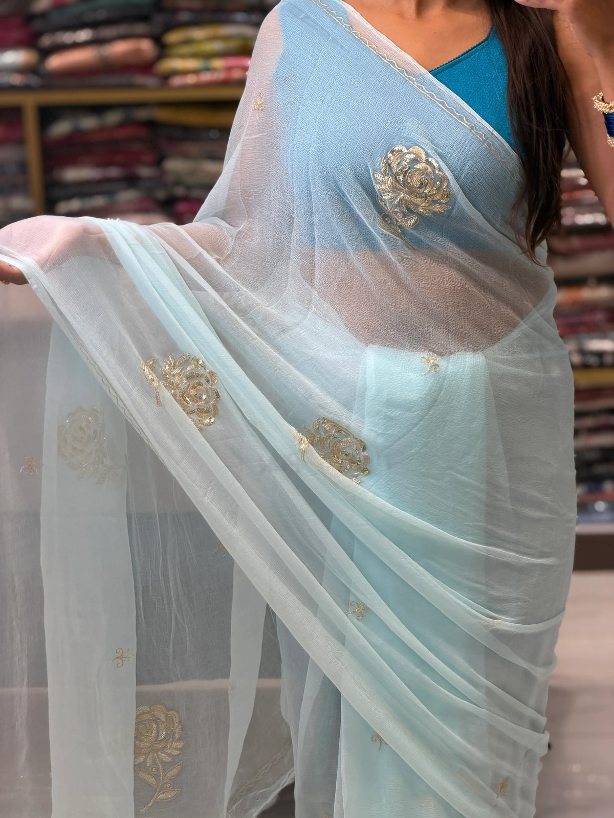 Ice Blue Chiffon Saree Pallu View with Rose Motif Handwork Odhani by SRN
