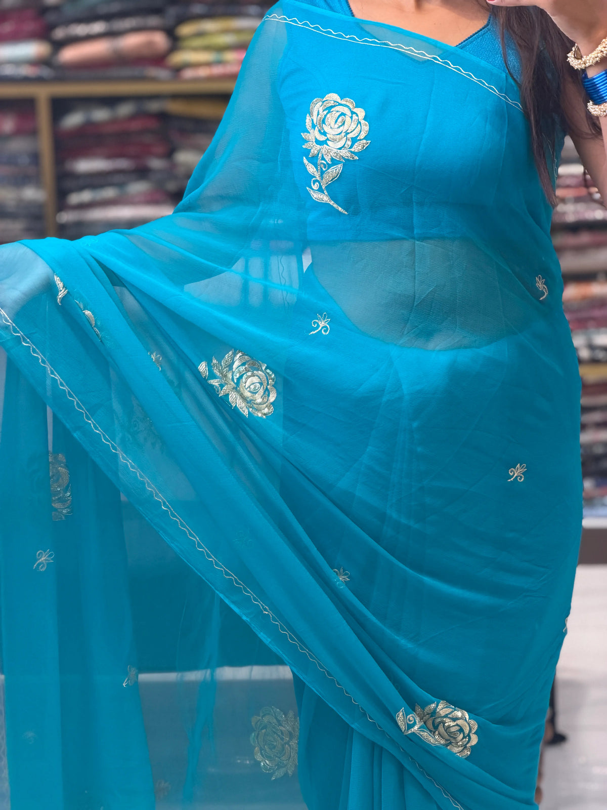 Peacock Cyan Blue Chiffon Saree Pallu Drape with Pittan Embroidery Details