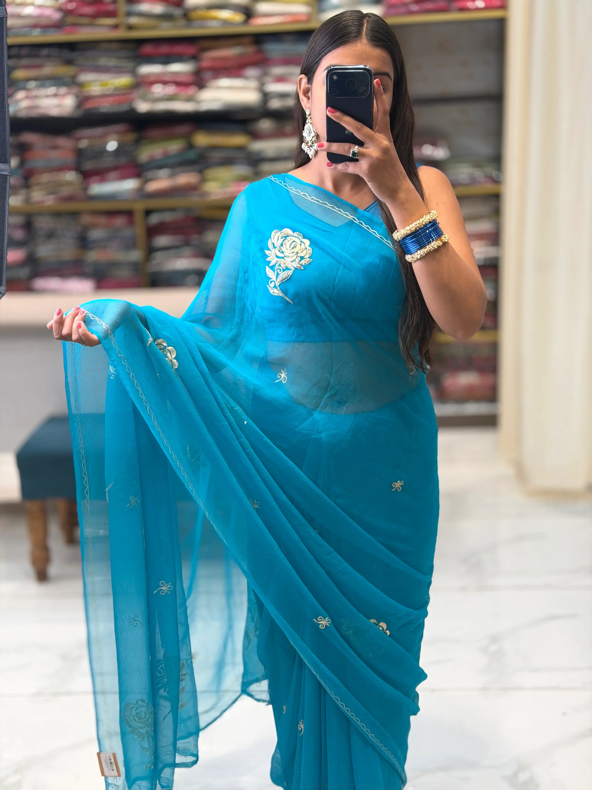 Full Mirror Selfie Drape View of Peacock Blue Floral Chiffon Saree by Odhani by SRN