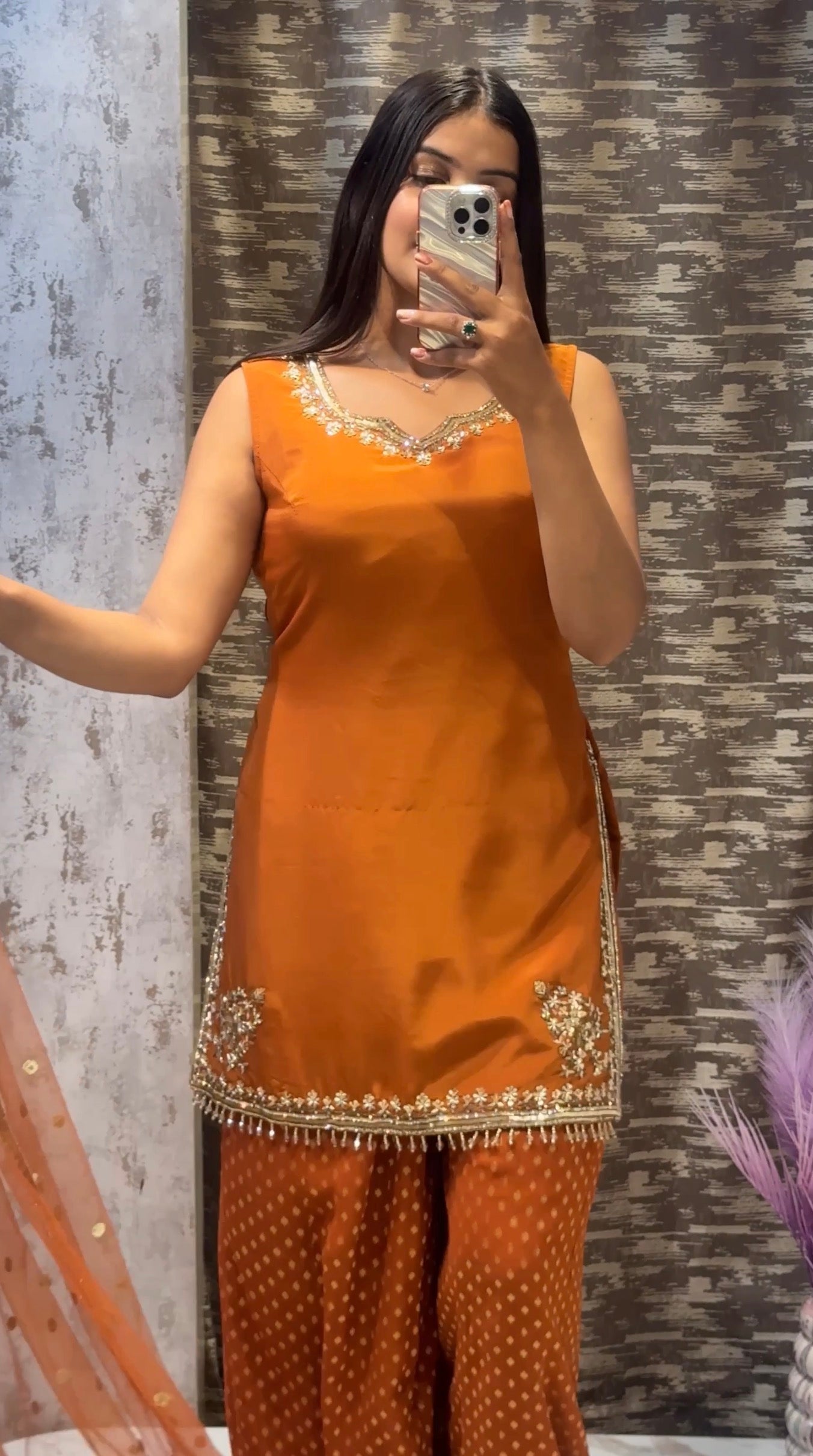 Rust Orange Embroidered Kurta Set with Organza Dupatta & Printed Bottom