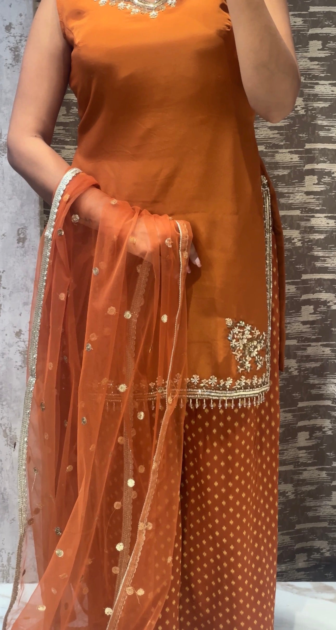 Rust Orange Embroidered Kurta Set with Organza Dupatta & Printed Bottom