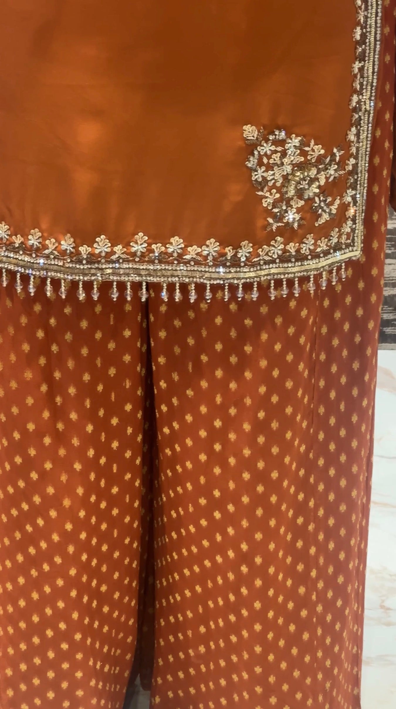 Rust Orange Embroidered Kurta Set with Organza Dupatta & Printed Bottom