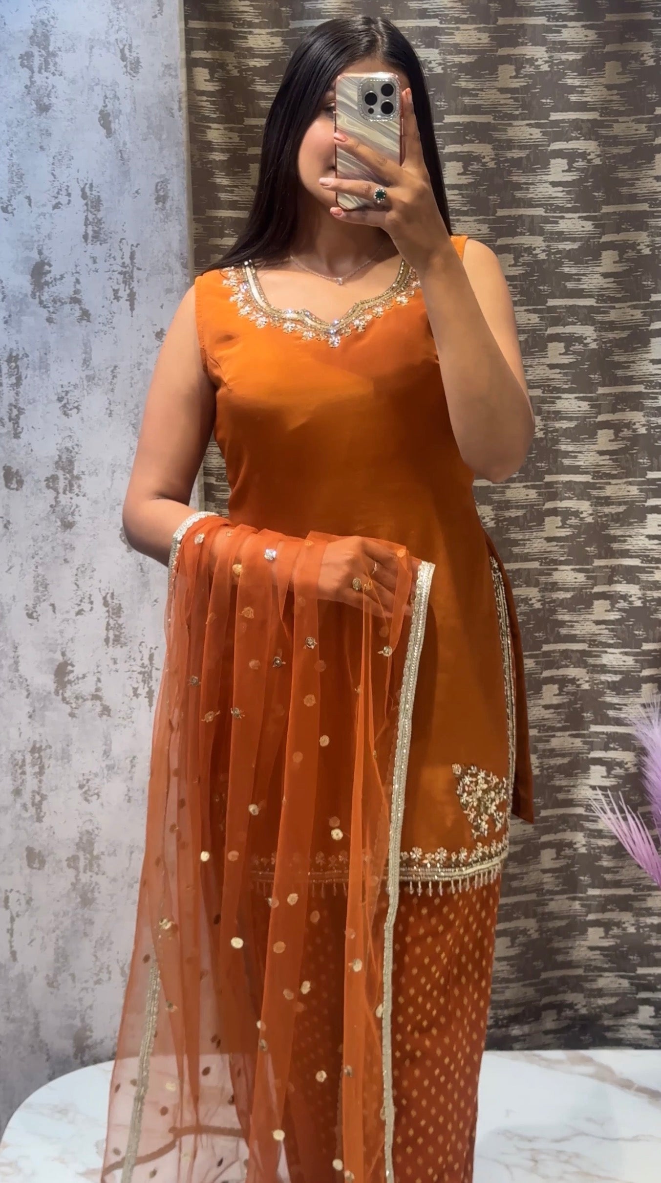Rust Orange Embroidered Kurta Set with Organza Dupatta & Printed Bottom