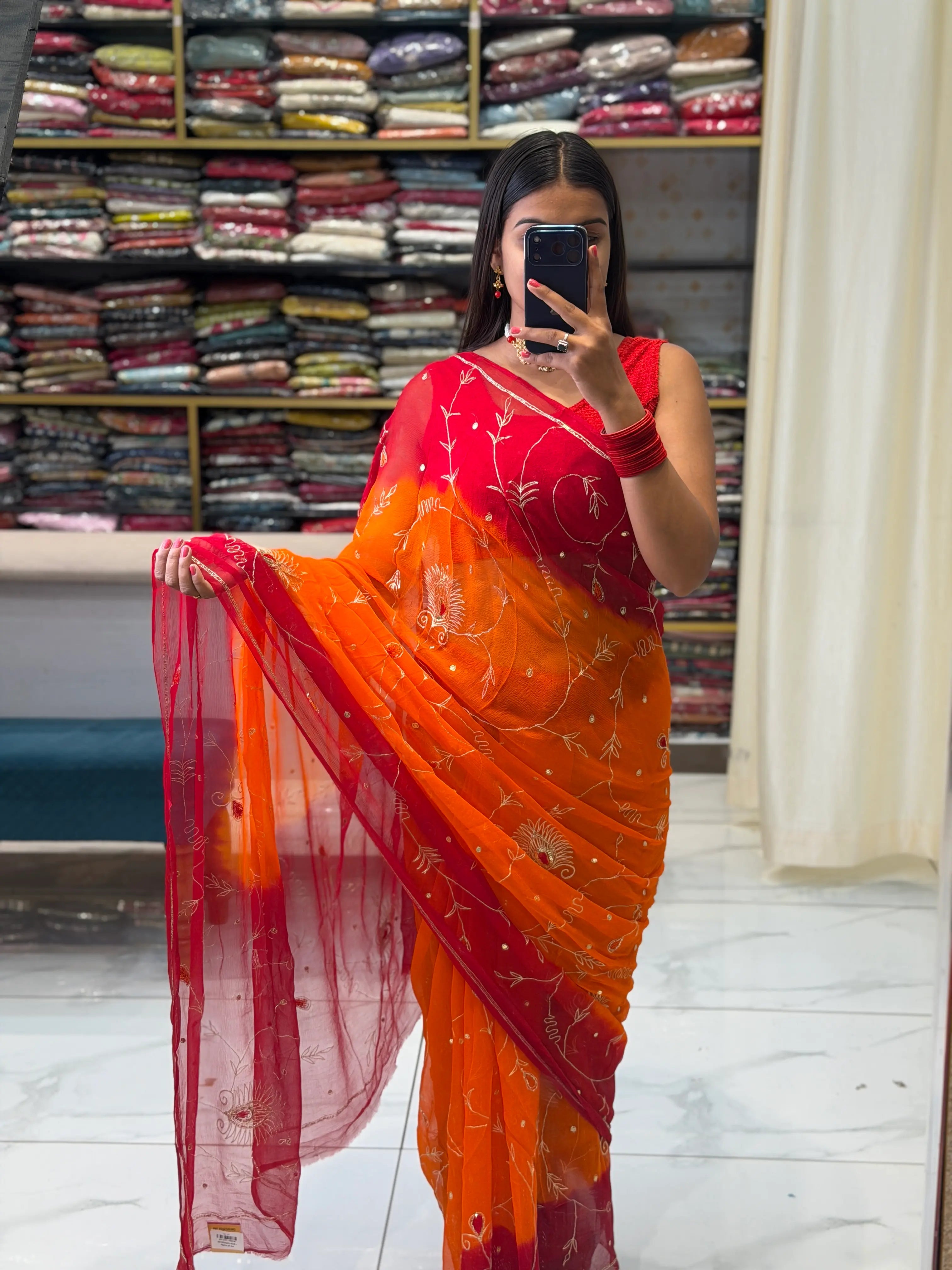 Red and Orange Pure Chiffon Pila Saree with Hand Embroidery Jaal Pattern Drape Odhani by SRN