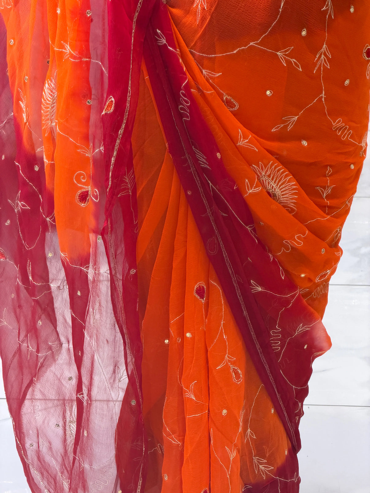 Pleat and Pallu Border View of Rajasthani Pure Chiffon Pila Saree