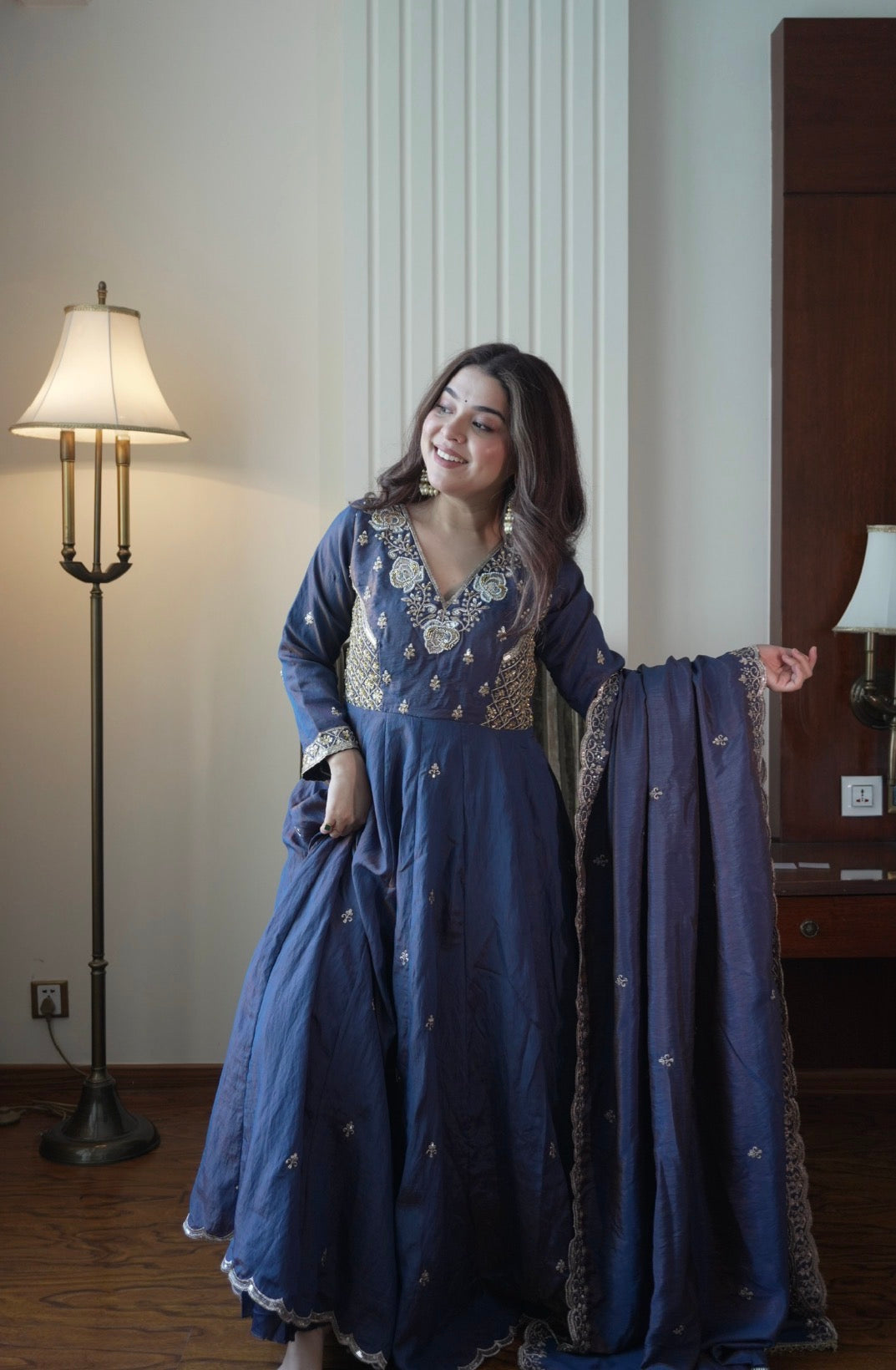 Floor Length Embroidered Gown Palazzo Set with Sequence Work Dupatta