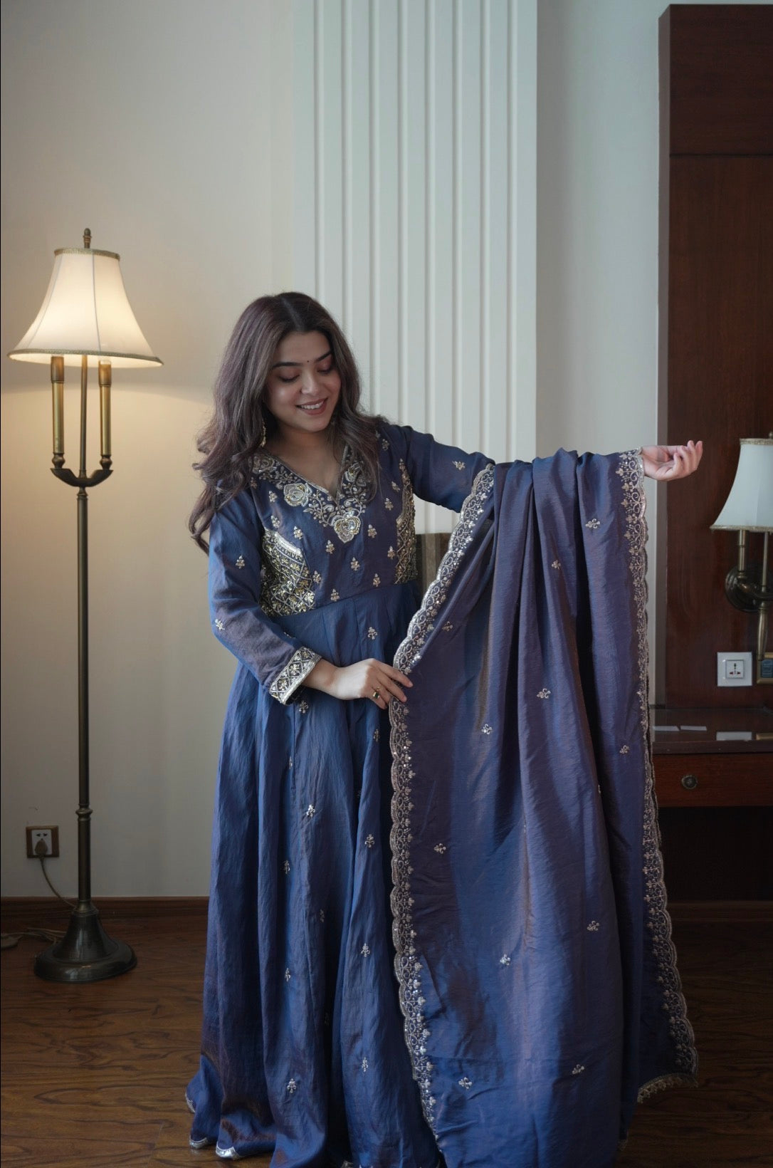 Floor Length Embroidered Gown Palazzo Set with Sequence Work Dupatta