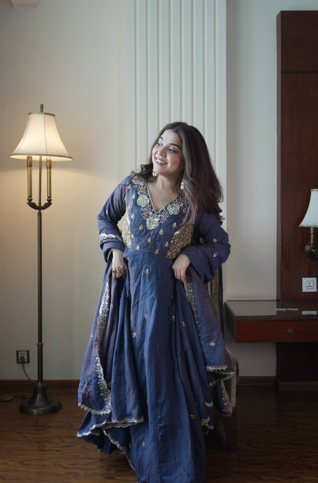Floor Length Embroidered Gown Palazzo Set with Sequence Work Dupatta