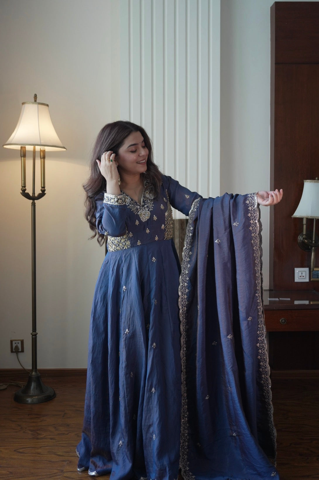Floor Length Embroidered Gown Palazzo Set with Sequence Work Dupatta