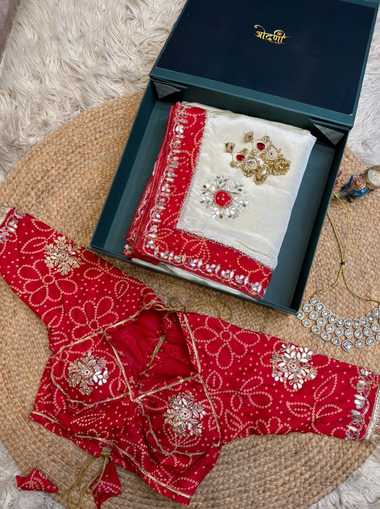 Calcutta Handwork Bandhani Border Off-White Saree With Calcutta Handwork Bandhani Rajasthani Aangi