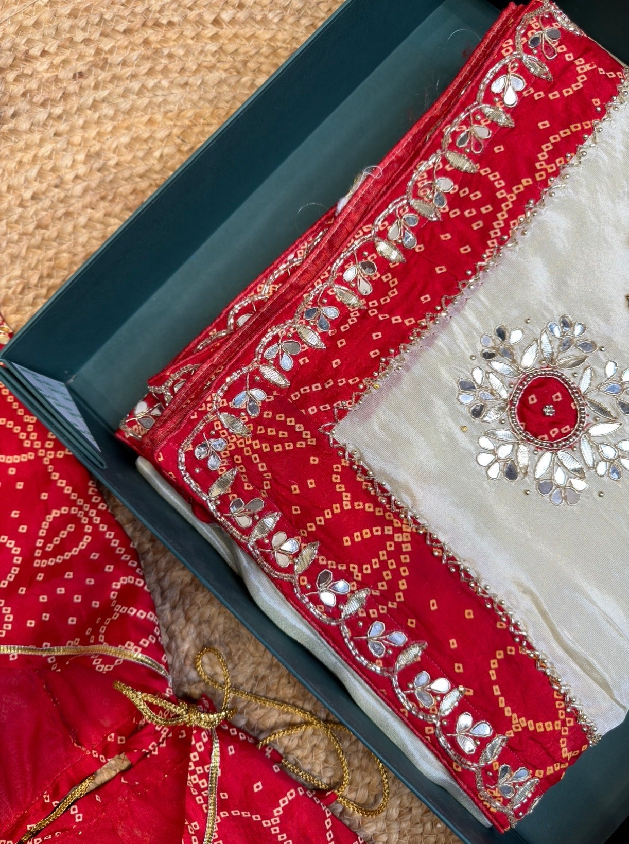 Calcutta Handwork Bandhani Border Off-White Saree With Calcutta Handwork Bandhani Rajasthani Aangi