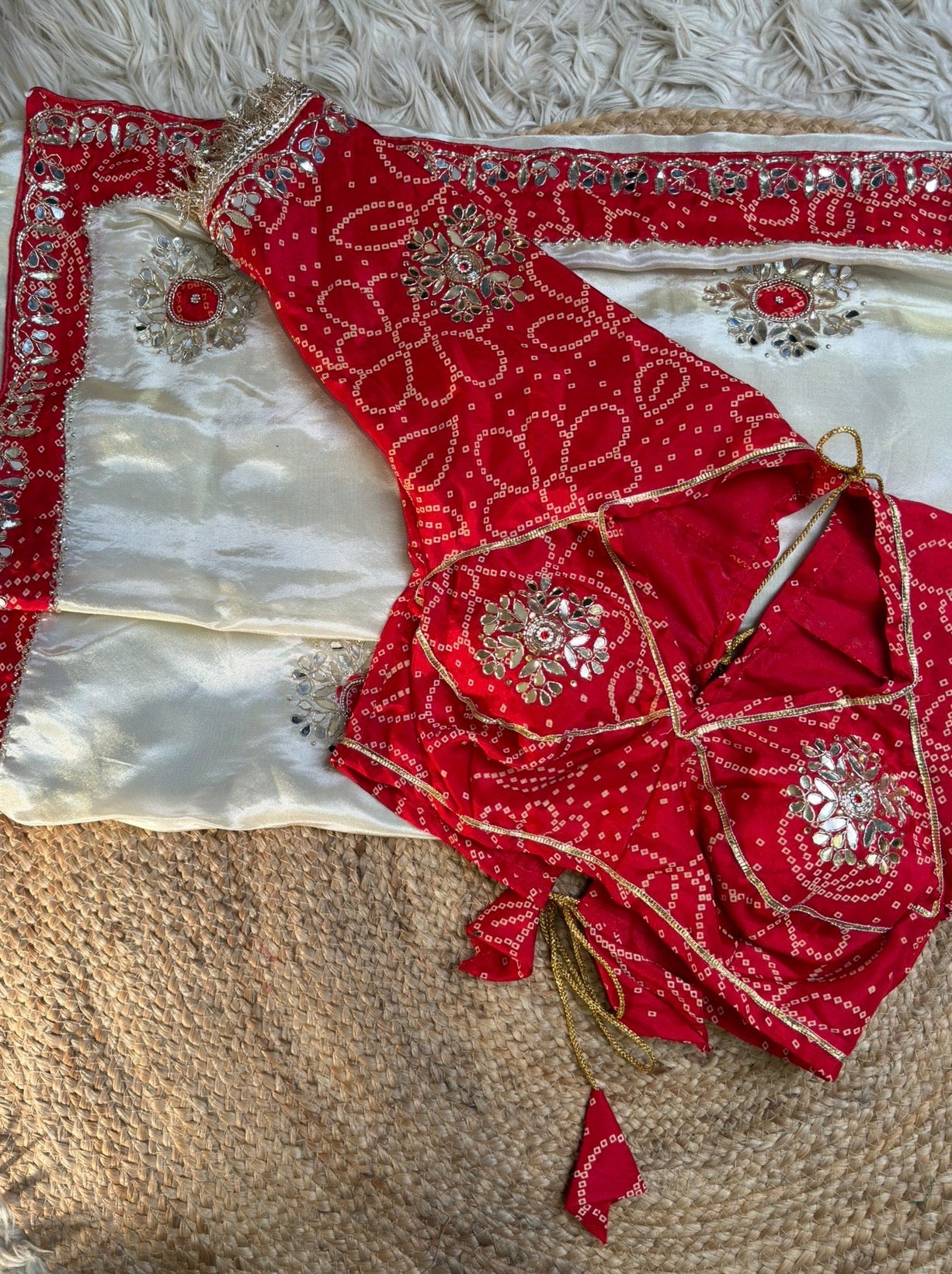 Calcutta Handwork Bandhani Border Off-White Saree With Calcutta Handwork Bandhani Rajasthani Aangi