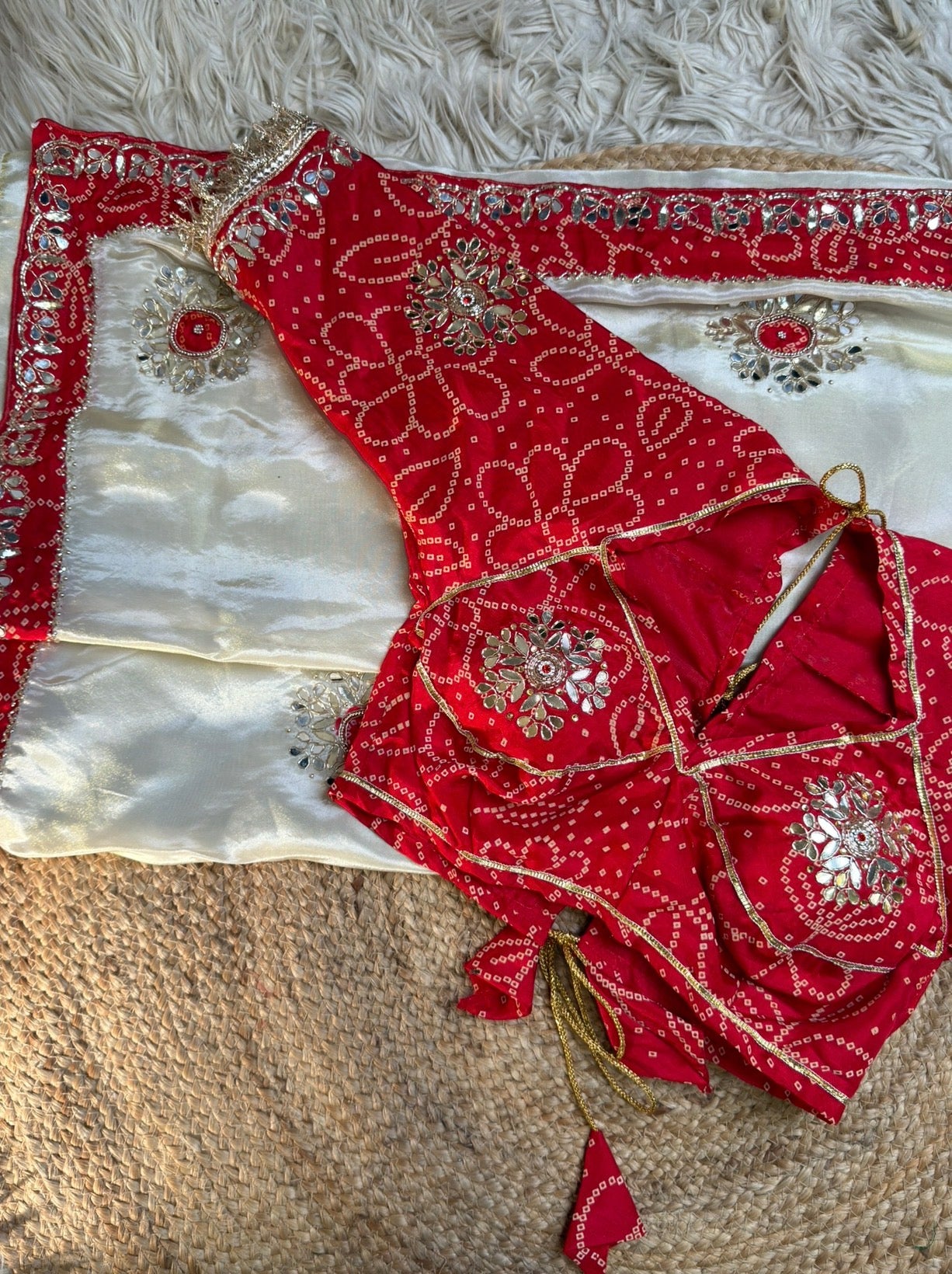 Calcutta Handwork Bandhani Border Off-White Saree With Calcutta Handwork Bandhani Rajasthani Aangi