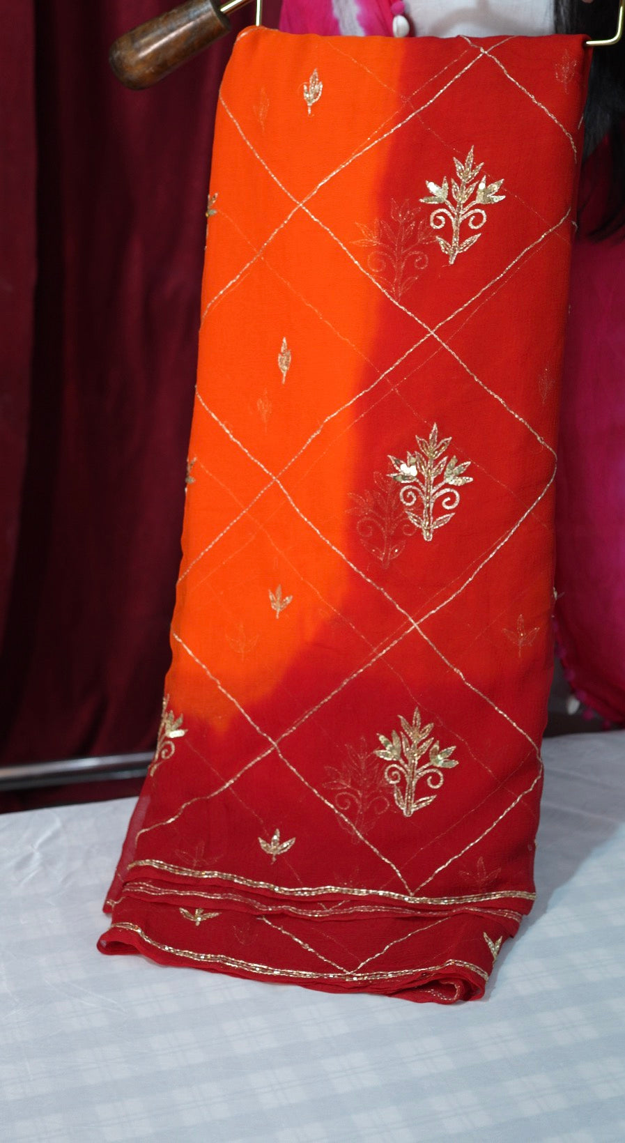 Shekhawati Pure Chiffon Pila Saree With Vintage Handwork & Jaal Pattern