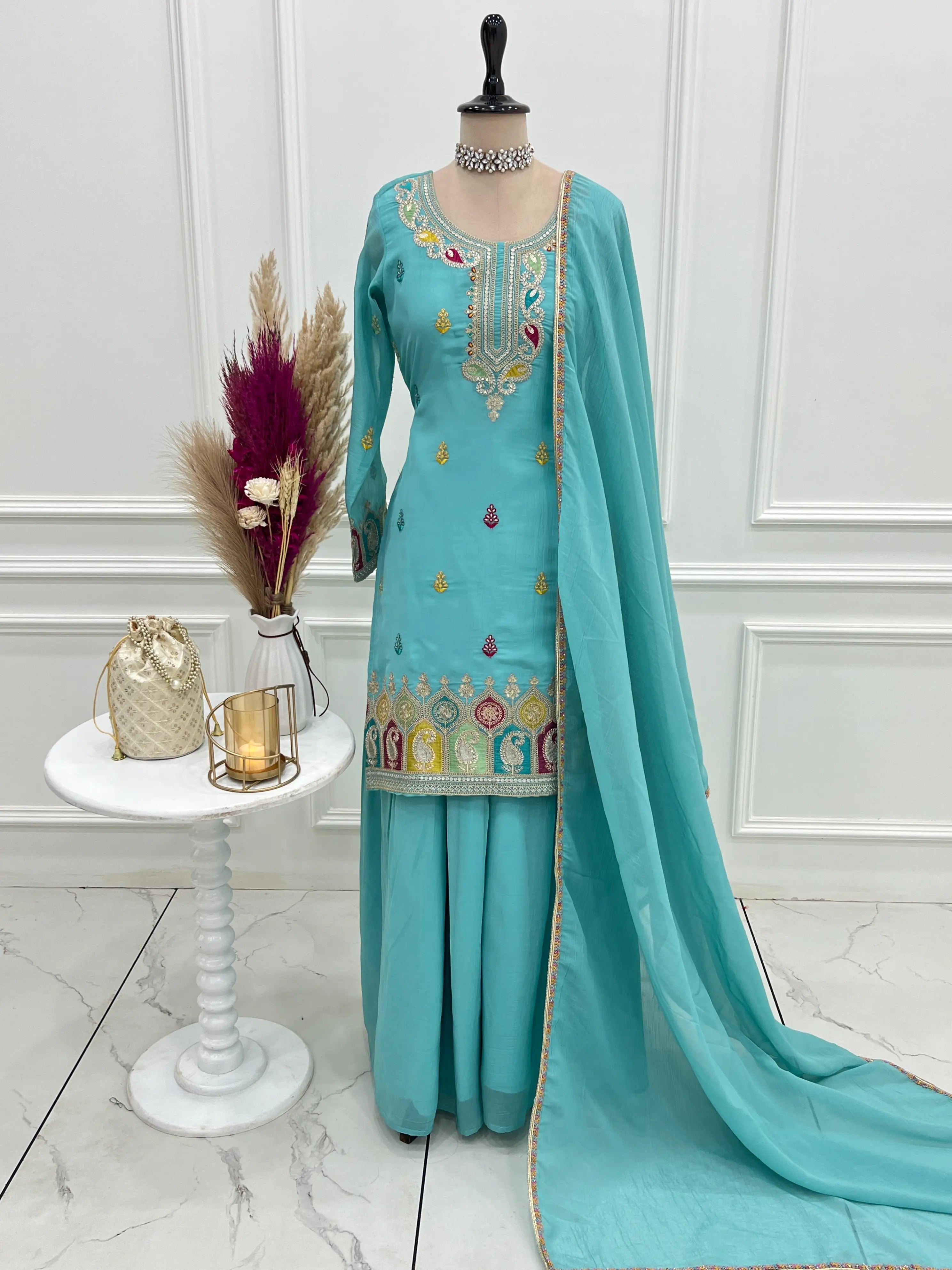 Designer Crunchy Silk Kurta with Sharara & Lace Dupatta Se