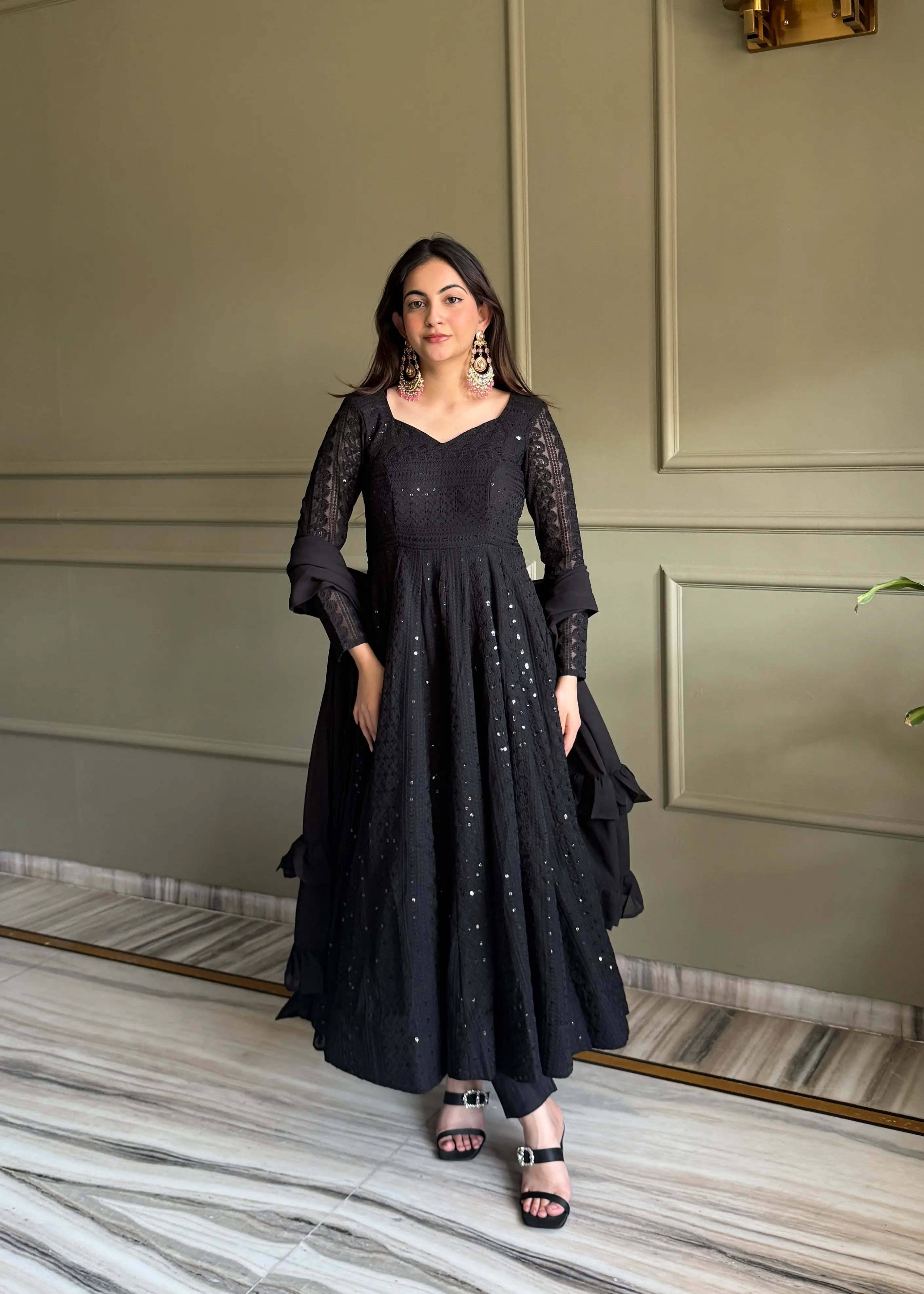 Premium Black Kali Cut Anarkali with 4-Meter Flair & Stylish Dupatta