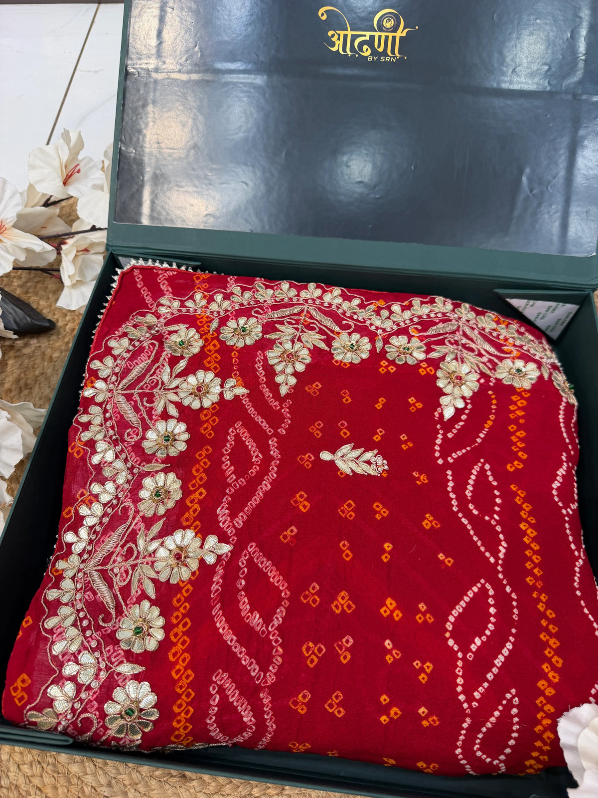 Red Ojariya Bandhani Saree Packaged in Signature Odhani by SRN 