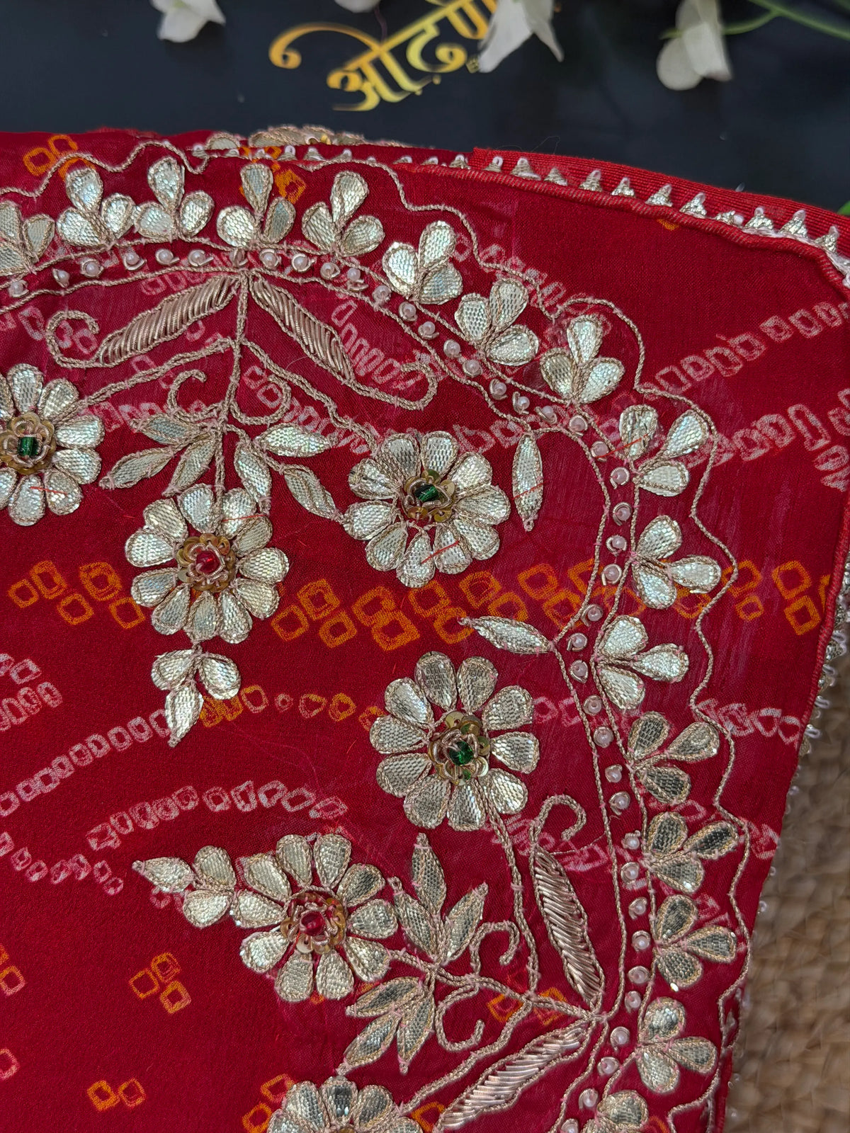 Extreme Close-up of Floral Kaccha Gota Patti Flowers, Green Stone Centers, and Fine Zardozi Embroidery
